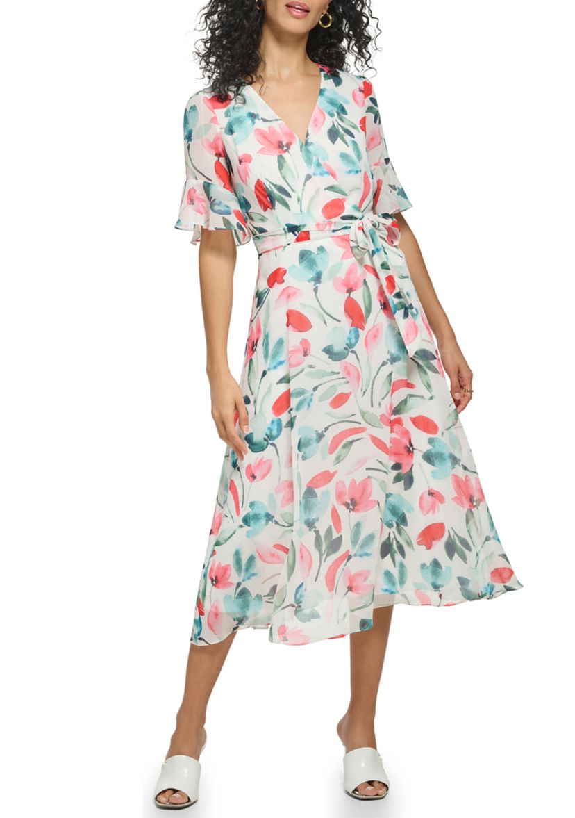 Womens Short Sleeve V-Neck Tie Waist Floral Chiffon Dress