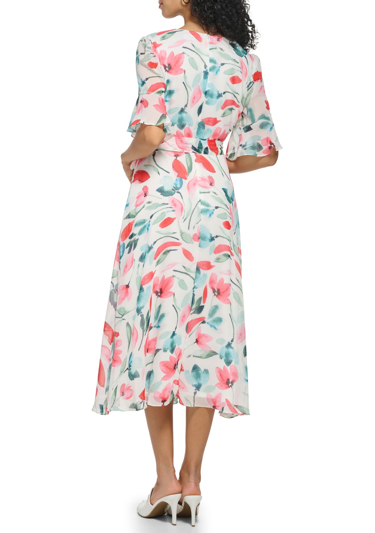 Womens Short Sleeve V-Neck Tie Waist Floral Chiffon Dress