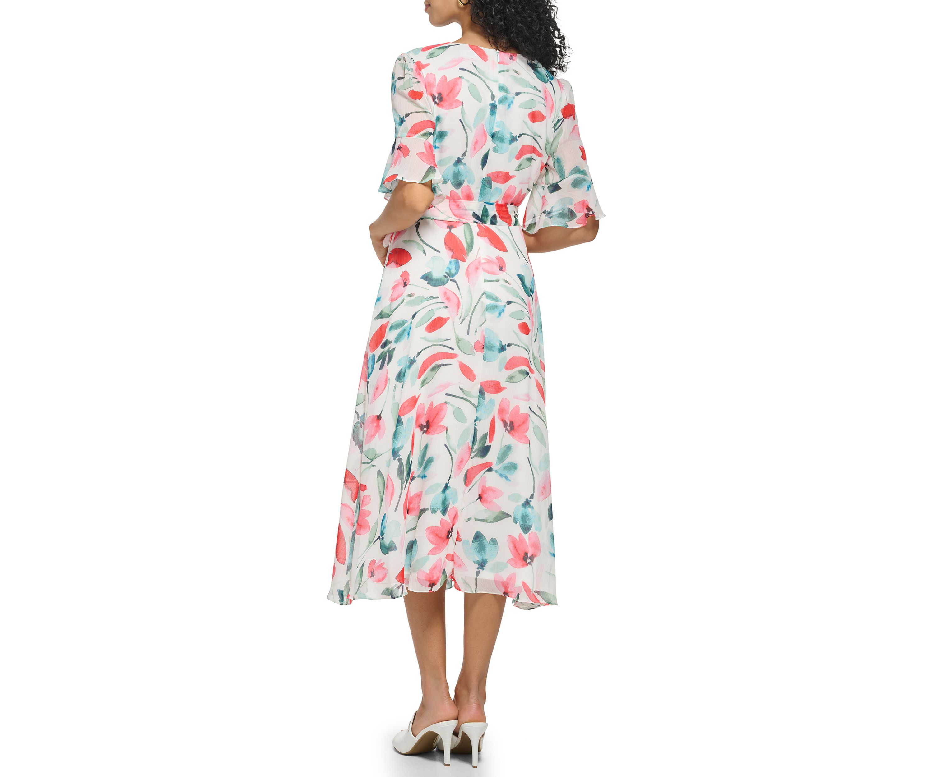 Womens Short Sleeve V-Neck Tie Waist Floral Chiffon Dress