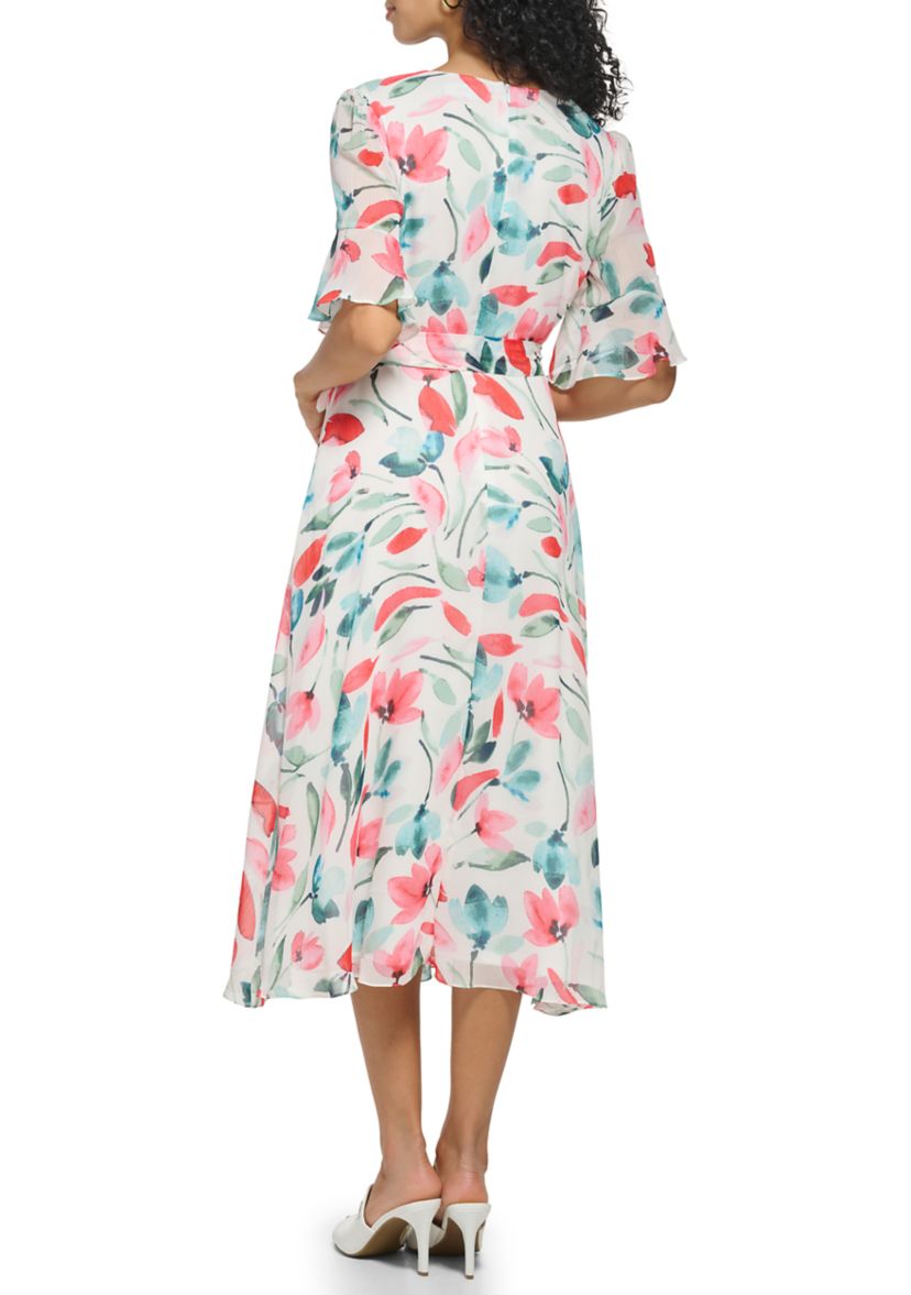 Womens Short Sleeve V-Neck Tie Waist Floral Chiffon Dress