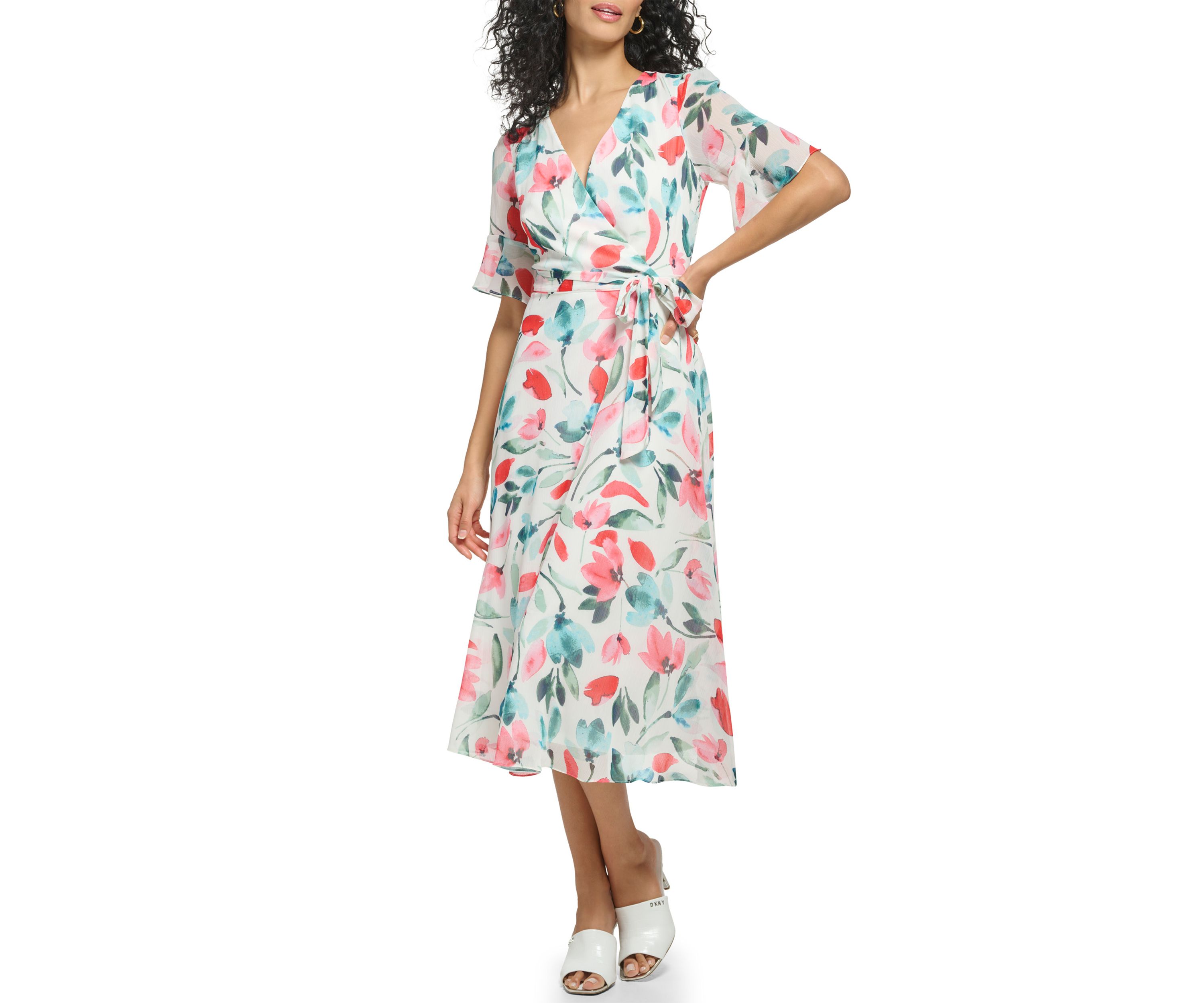 Womens Short Sleeve V-Neck Tie Waist Floral Chiffon Dress