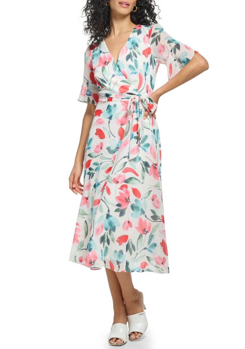 Womens Short Sleeve V-Neck Tie Waist Floral Chiffon Dress