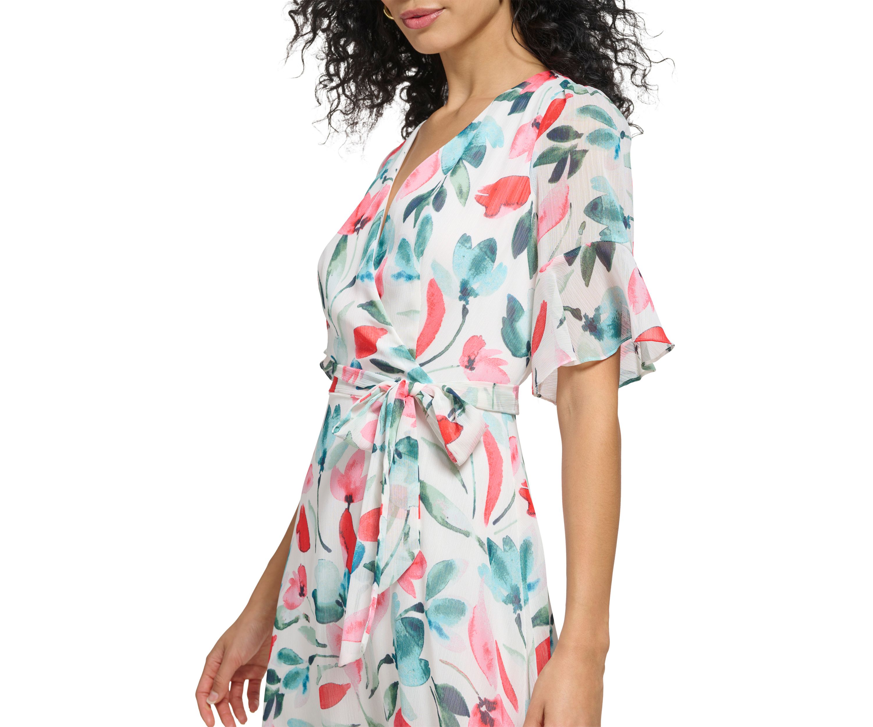 Womens Short Sleeve V-Neck Tie Waist Floral Chiffon Dress
