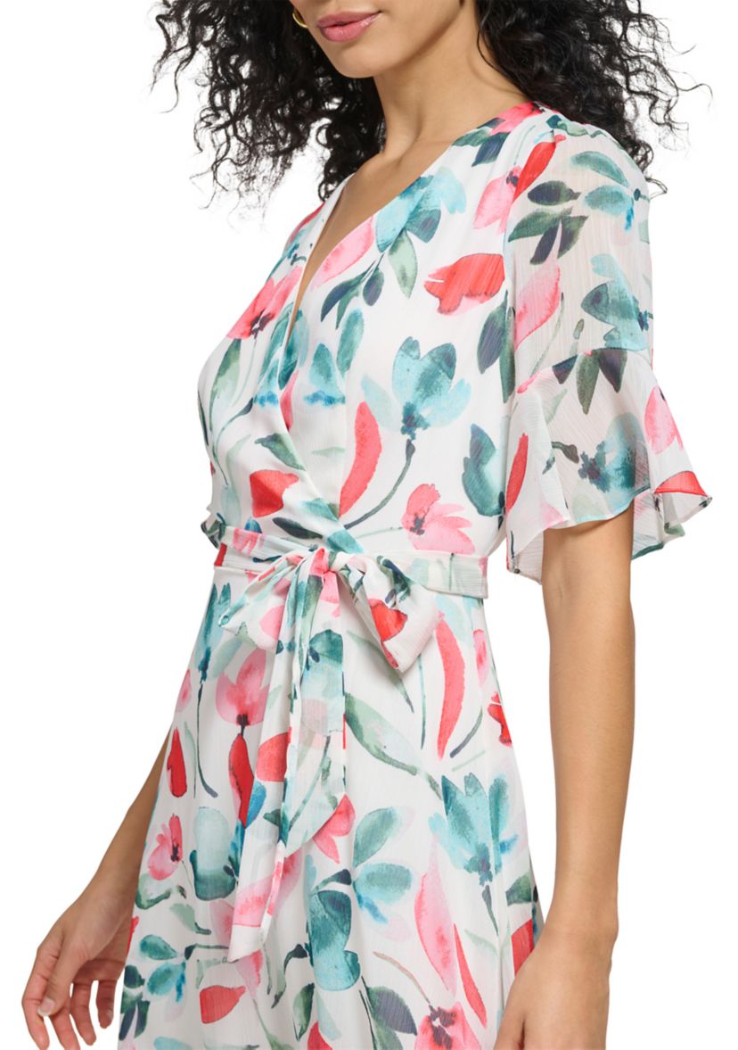Womens Short Sleeve V-Neck Tie Waist Floral Chiffon Dress