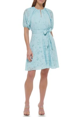 DKNY Women's Short Sleeve Tie Waist Solid Lace Fit and Flare Dress, Sky Blue, 10
