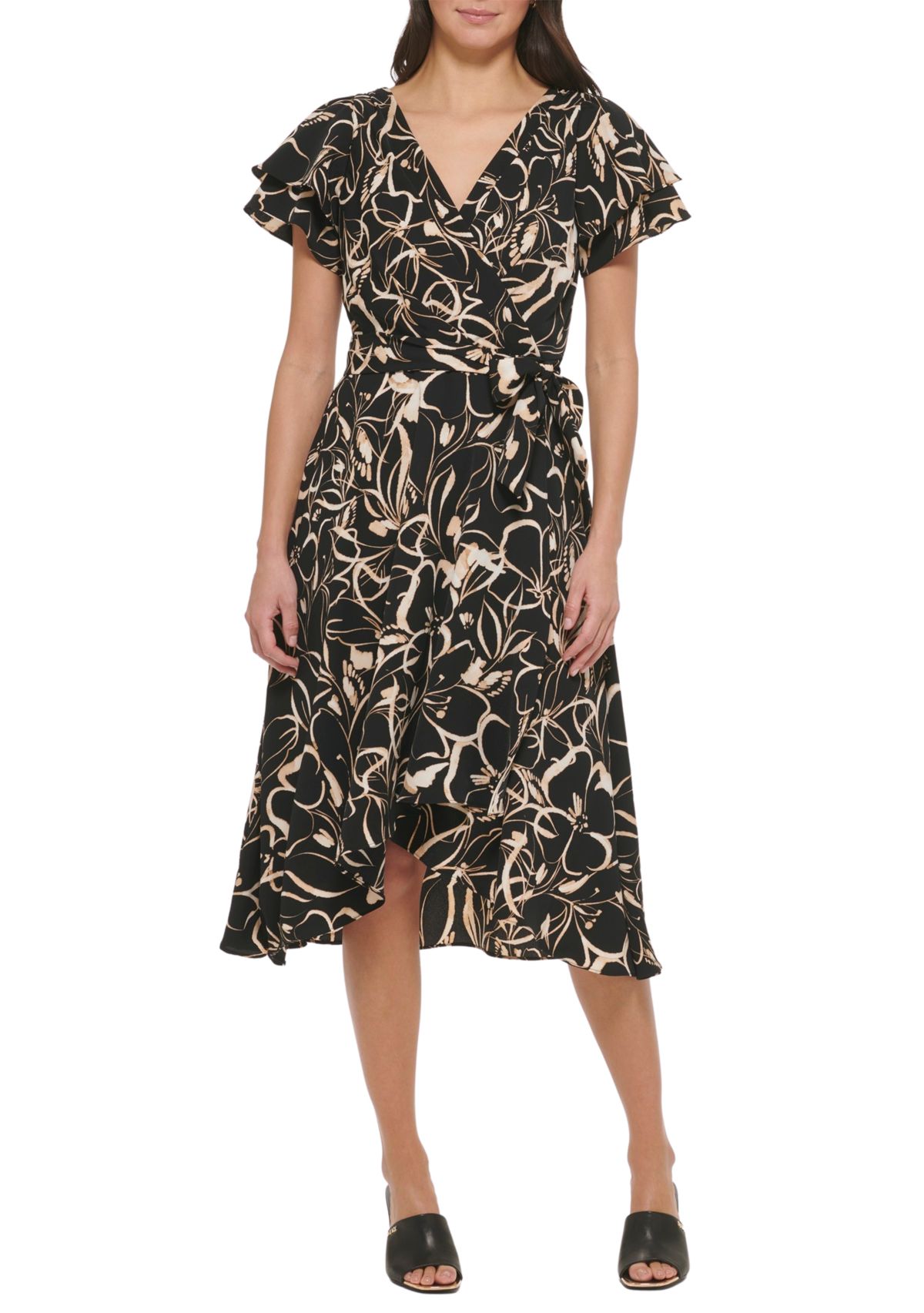 Womens Flutter Sleeve Printed Fit and Flare Dress