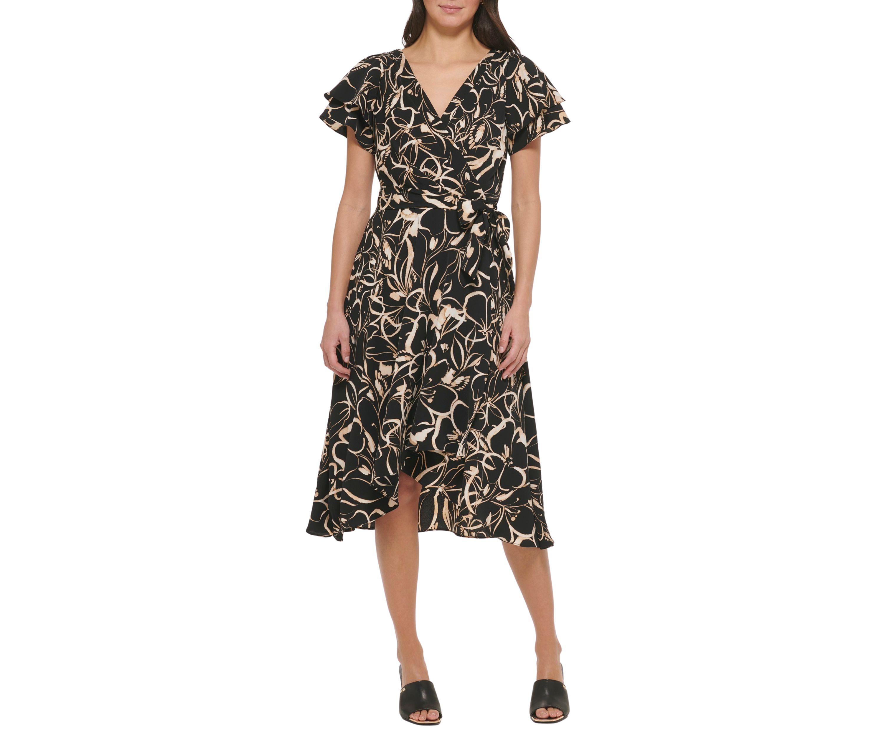 Womens Flutter Sleeve Printed Fit and Flare Dress