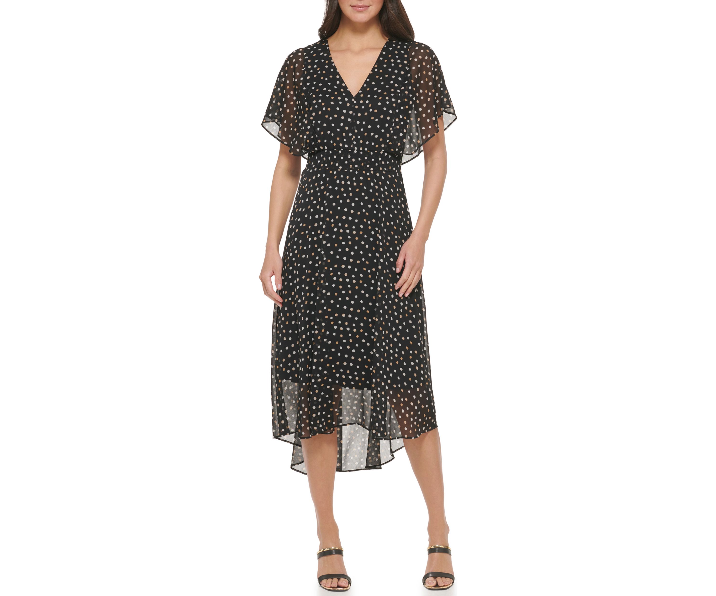 Womens Short Sleeve V-Neck Dot Print Chiffon Fit and Flare Dress