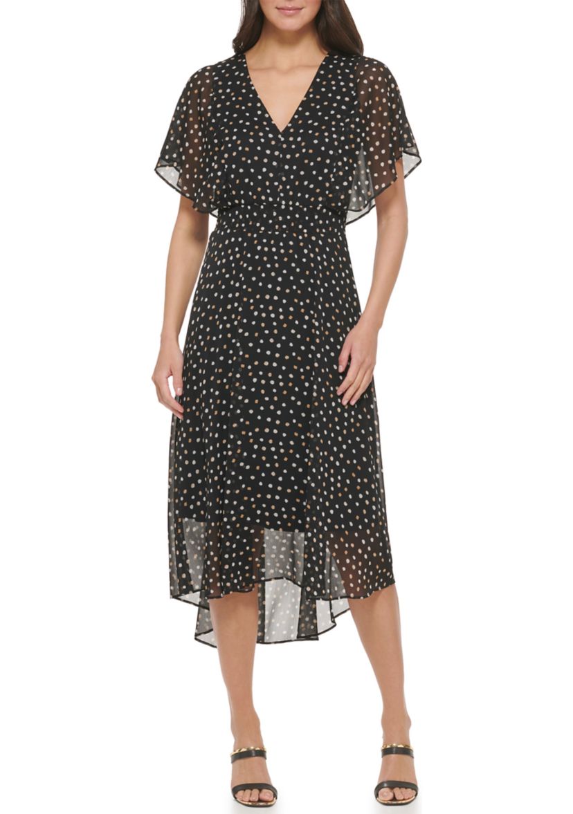 Womens Short Sleeve V-Neck Dot Print Chiffon Fit and Flare Dress