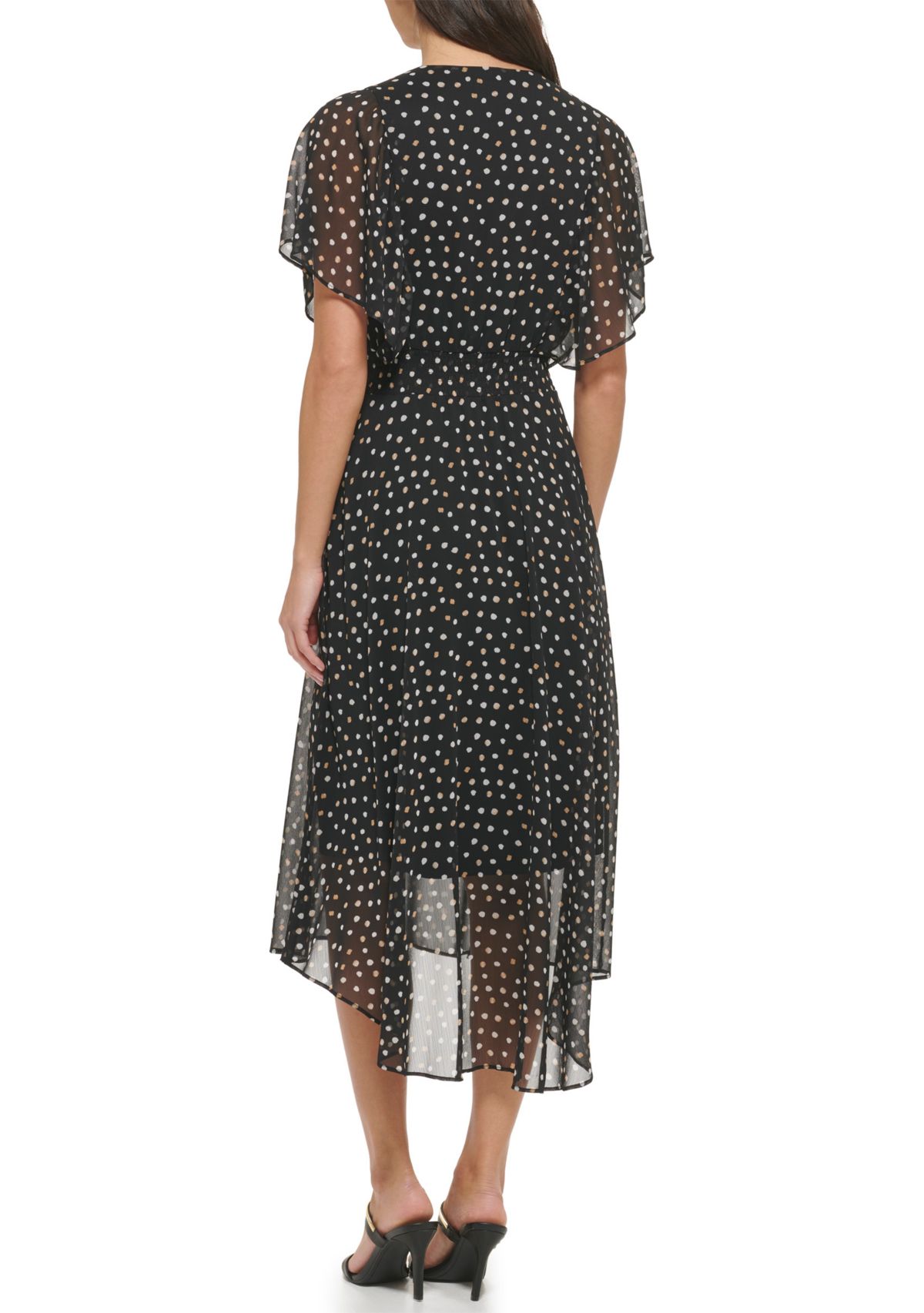 Womens Short Sleeve V-Neck Dot Print Chiffon Fit and Flare Dress