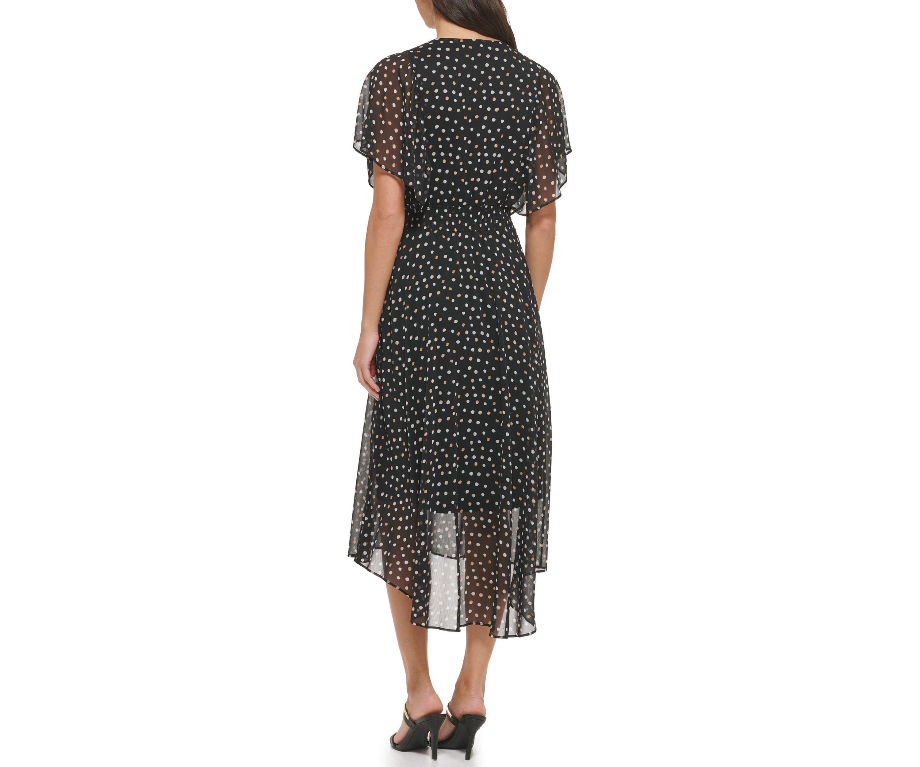 Womens Short Sleeve V-Neck Dot Print Chiffon Fit and Flare Dress
