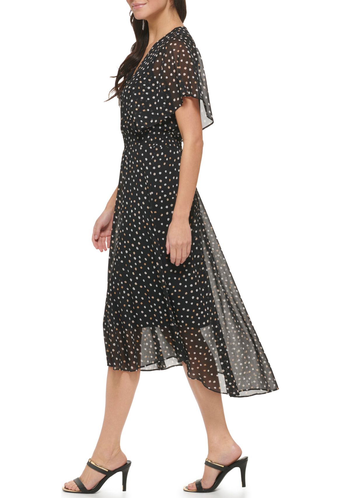 Womens Short Sleeve V-Neck Dot Print Chiffon Fit and Flare Dress