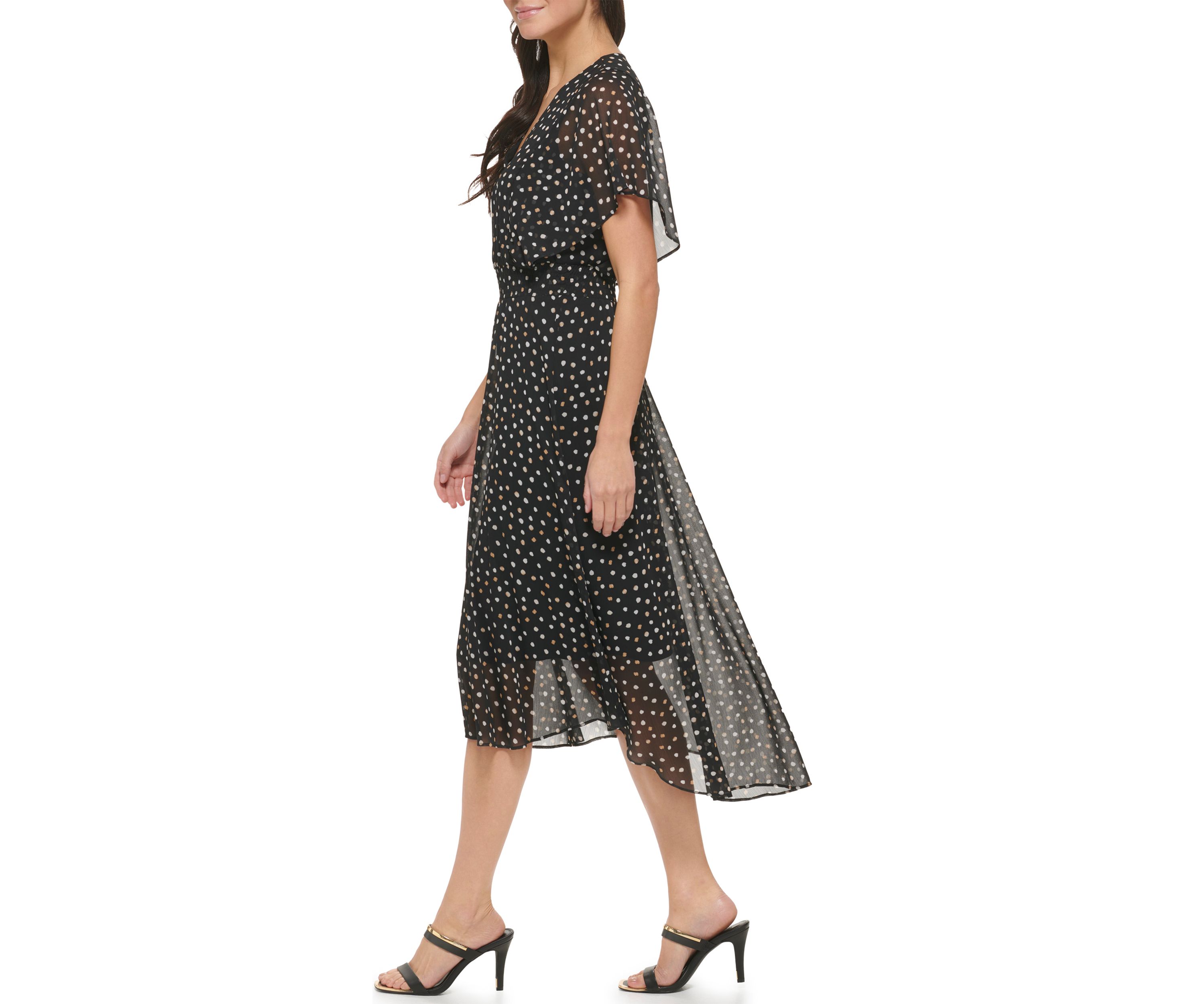 Womens Short Sleeve V-Neck Dot Print Chiffon Fit and Flare Dress