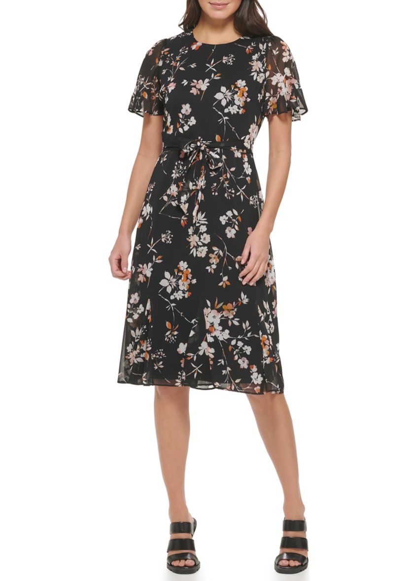 Womens Short Sleeve Floral Print Fit and Flare Midi Dress