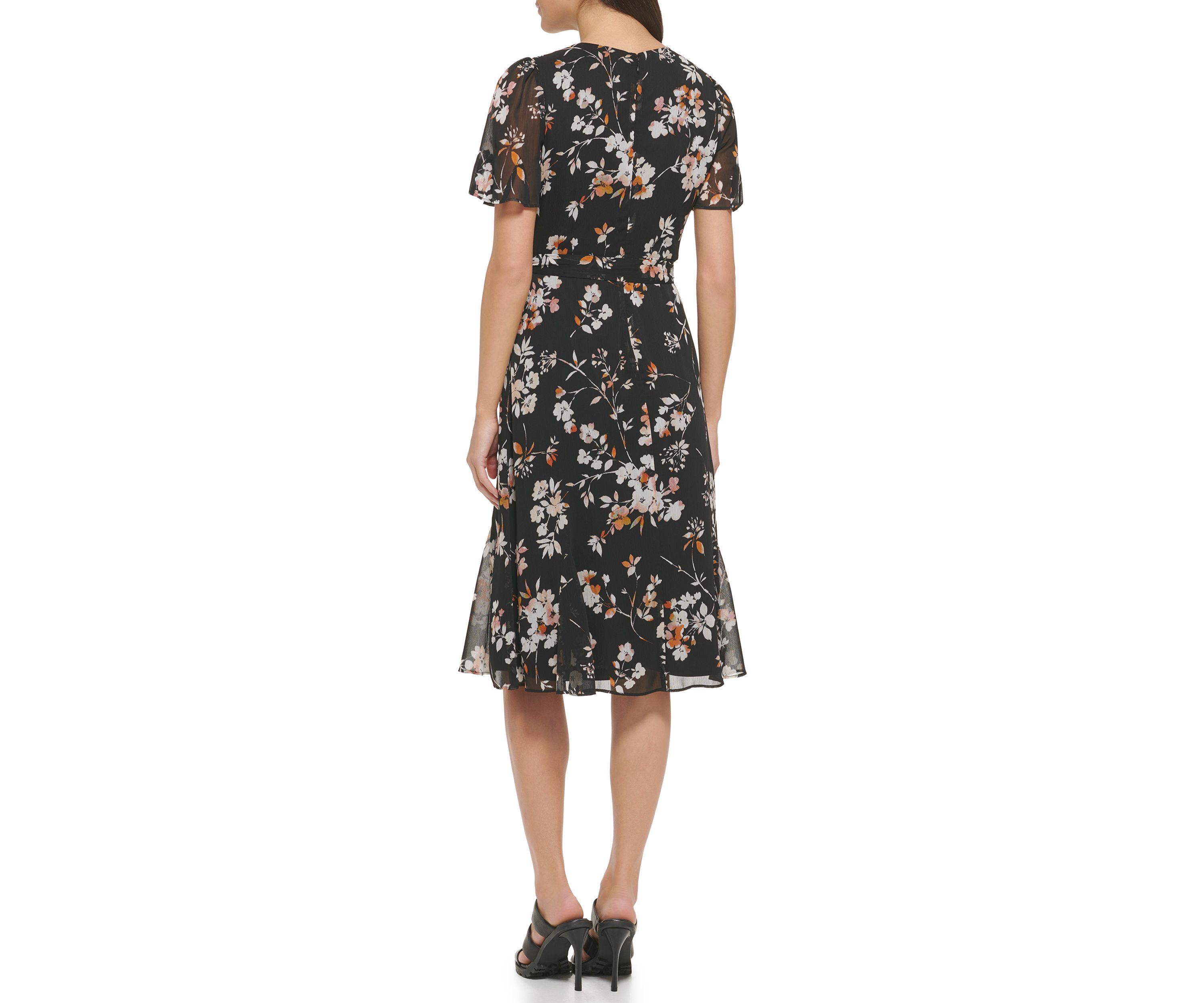 Womens Short Sleeve Floral Print Fit and Flare Midi Dress