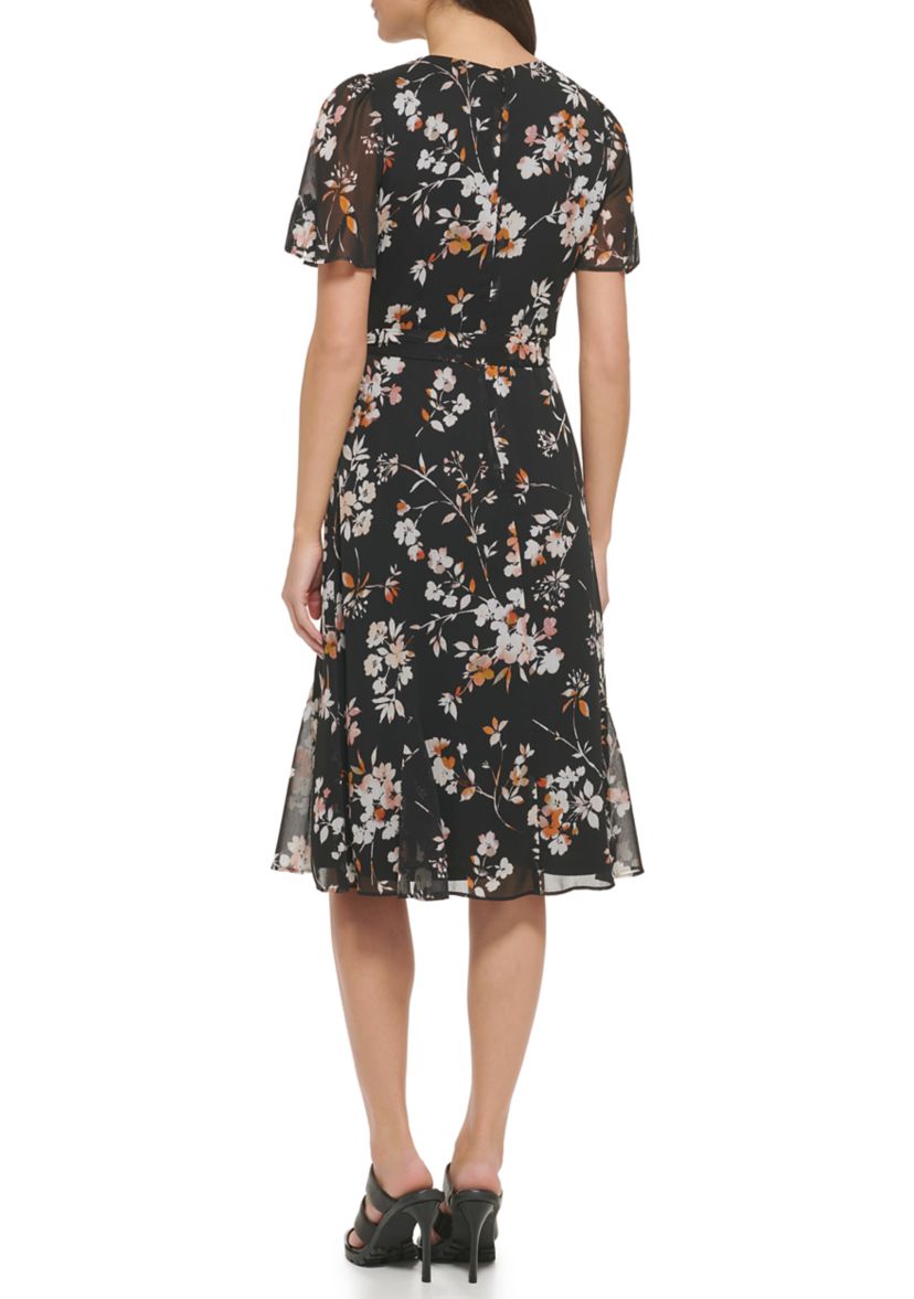 Womens Short Sleeve Floral Print Fit and Flare Midi Dress