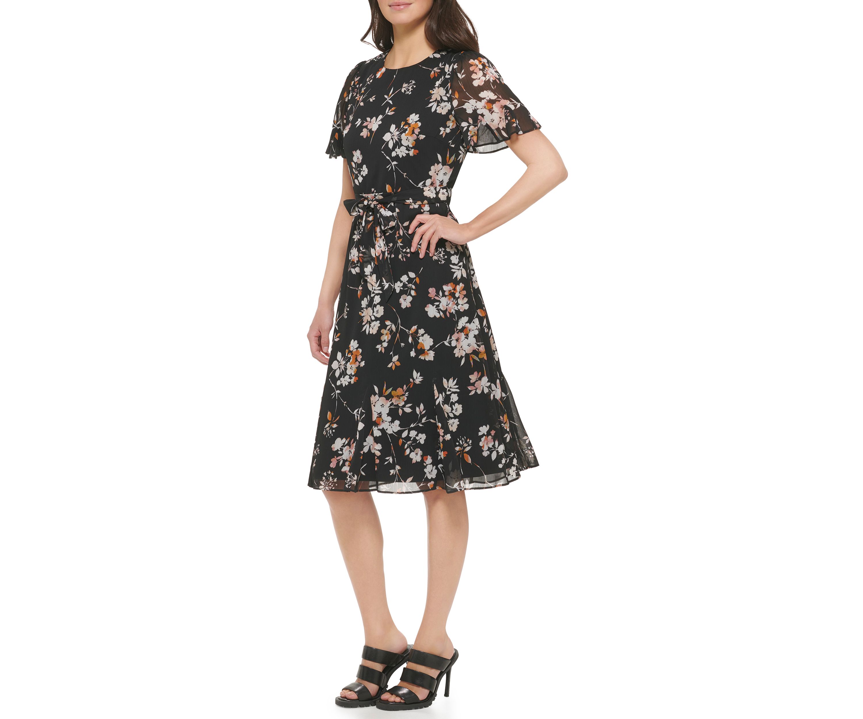 Womens Short Sleeve Floral Print Fit and Flare Midi Dress