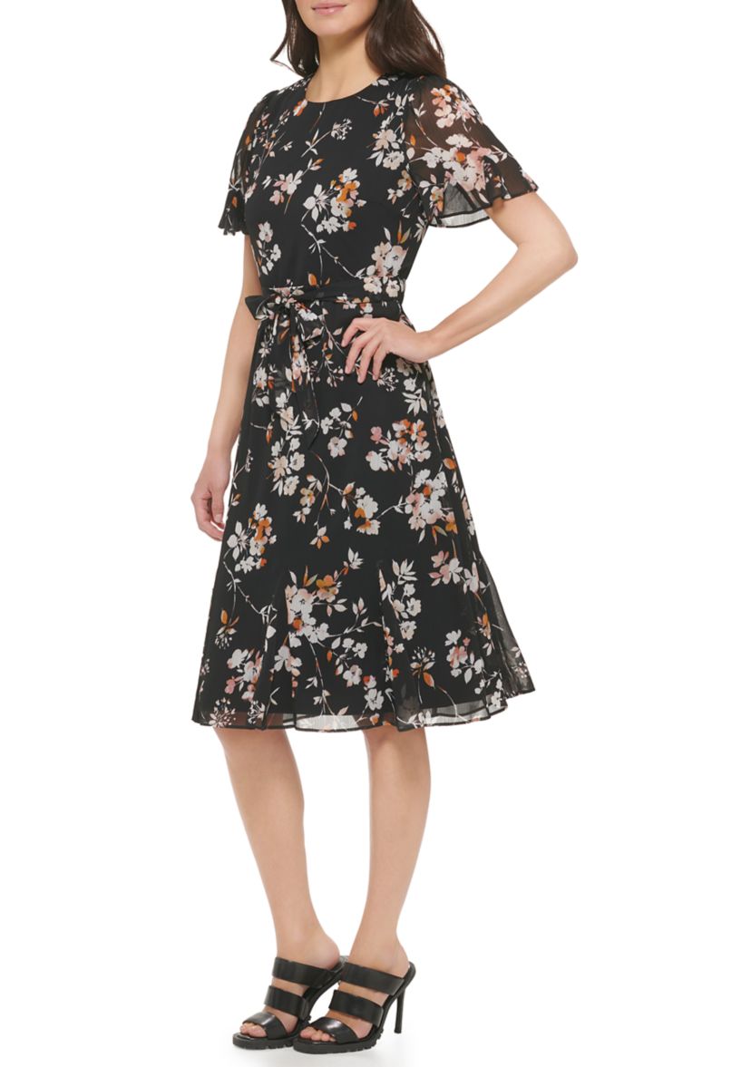 Womens Short Sleeve Floral Print Fit and Flare Midi Dress