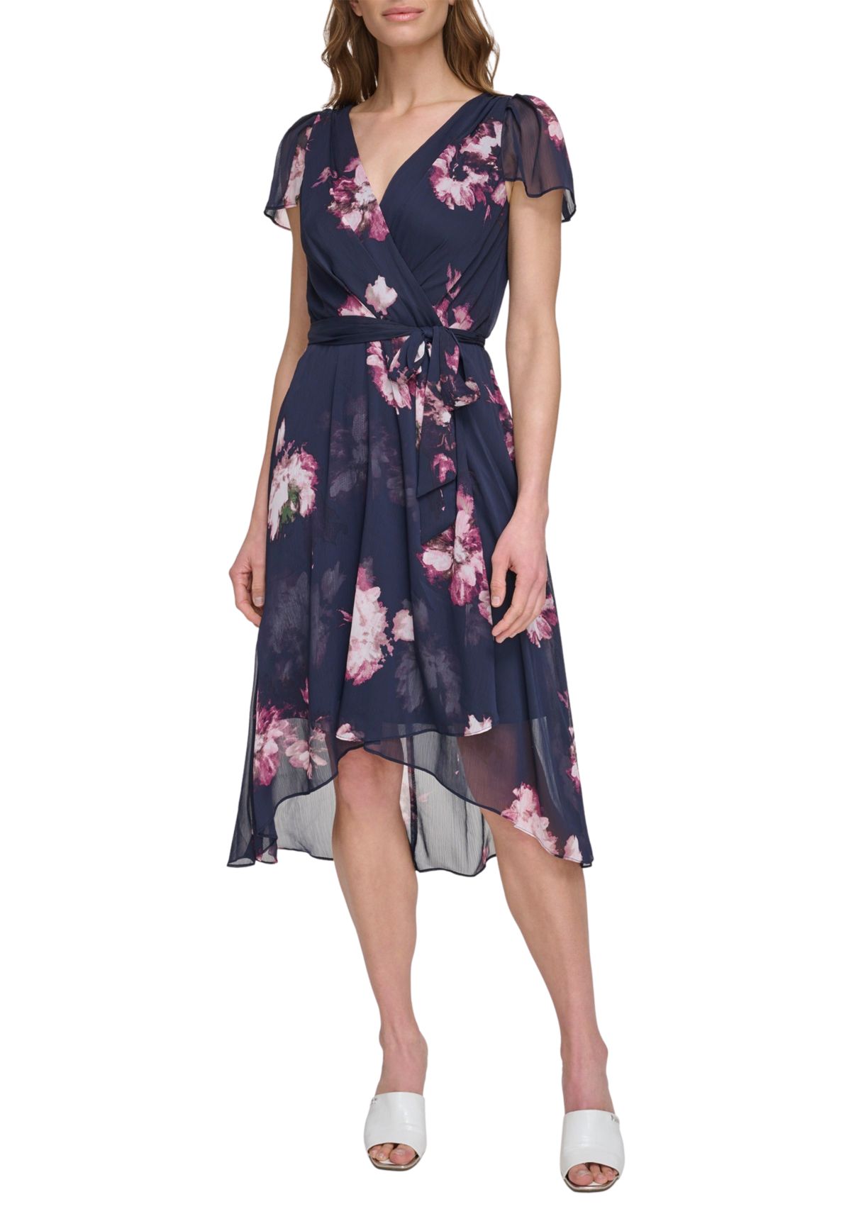 Womens Floral Printed Wrap Waist Midi Dress