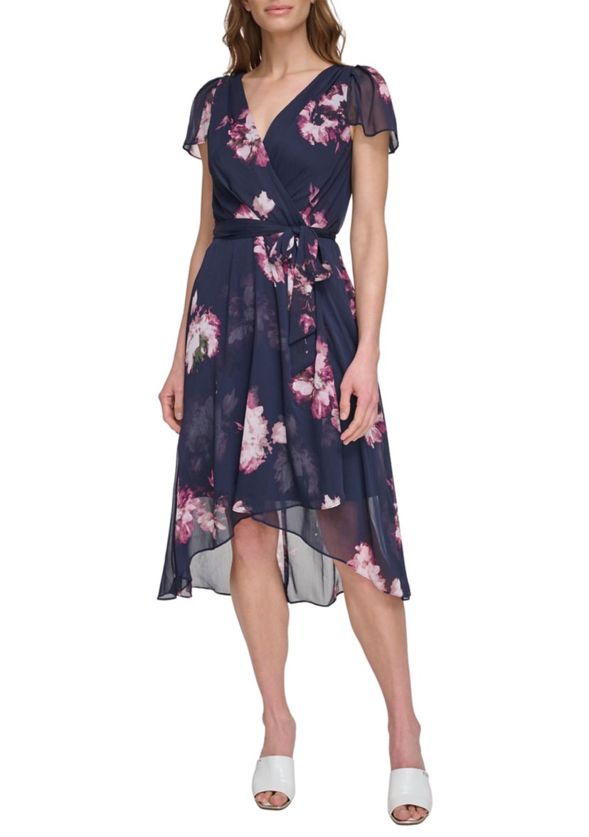 Womens Floral Printed Wrap Waist Midi Dress