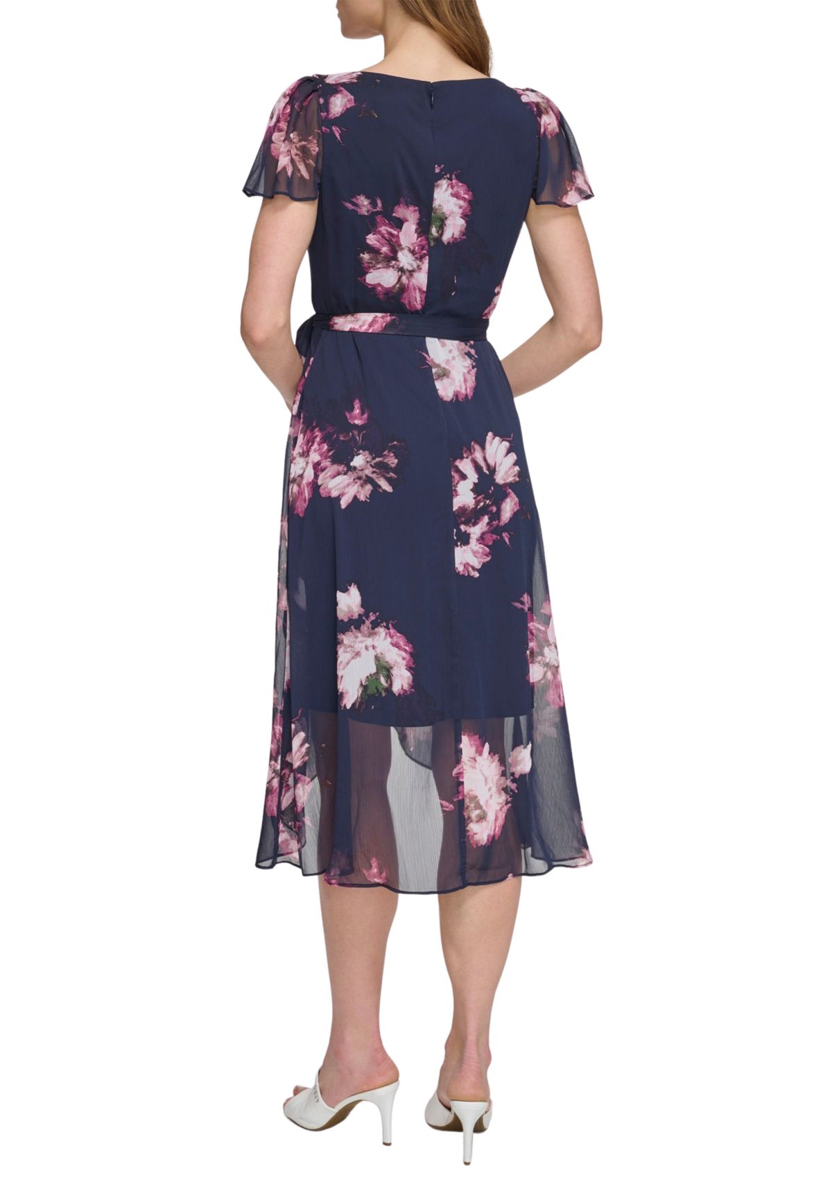 Womens Floral Printed Wrap Waist Midi Dress