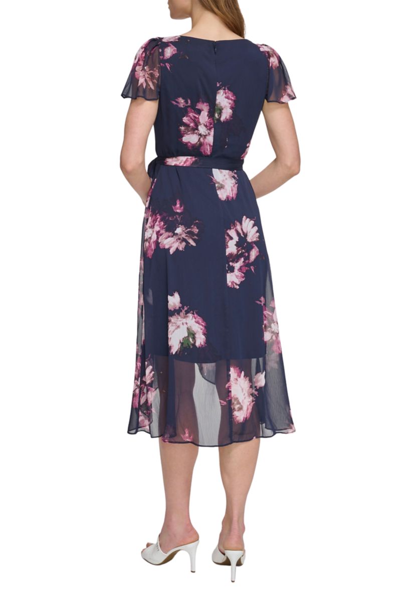 Womens Floral Printed Wrap Waist Midi Dress