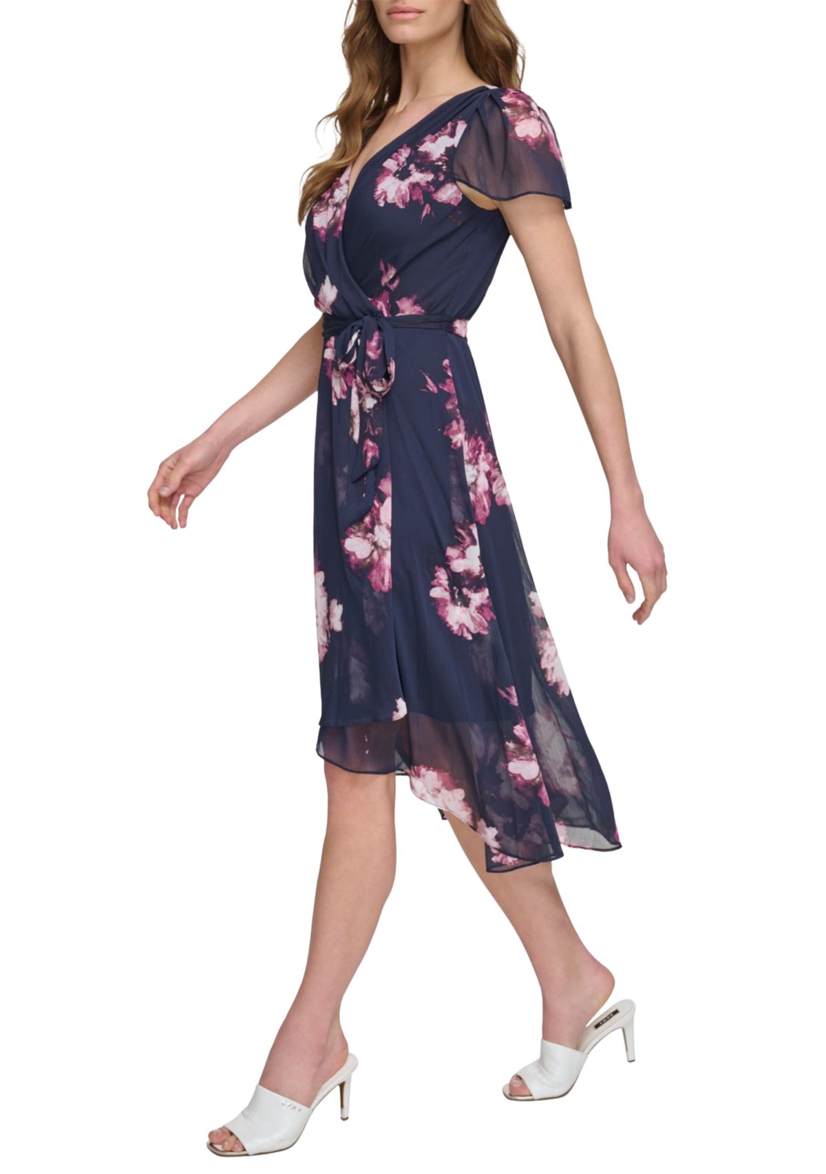 Womens Floral Printed Wrap Waist Midi Dress