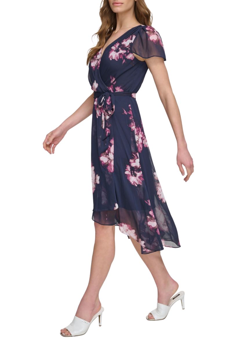 Womens Floral Printed Wrap Waist Midi Dress