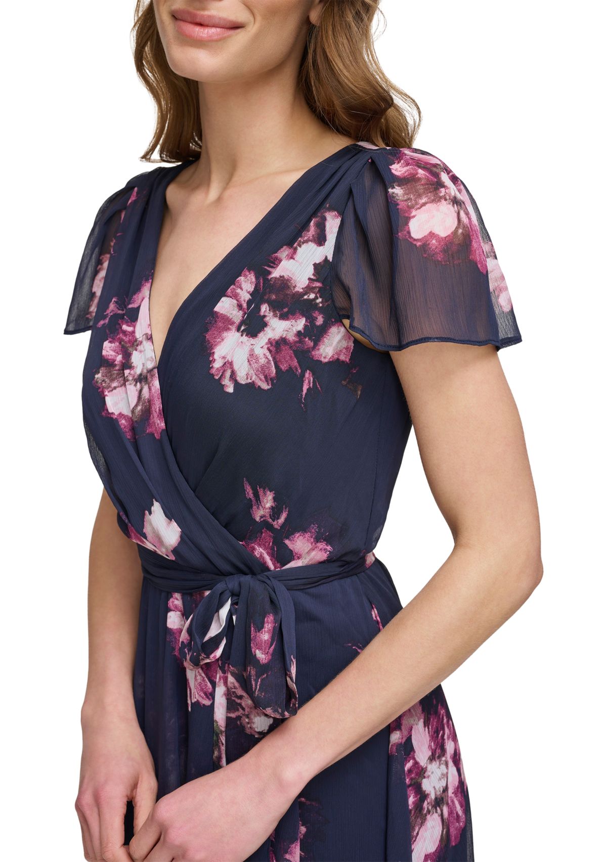 Womens Floral Printed Wrap Waist Midi Dress