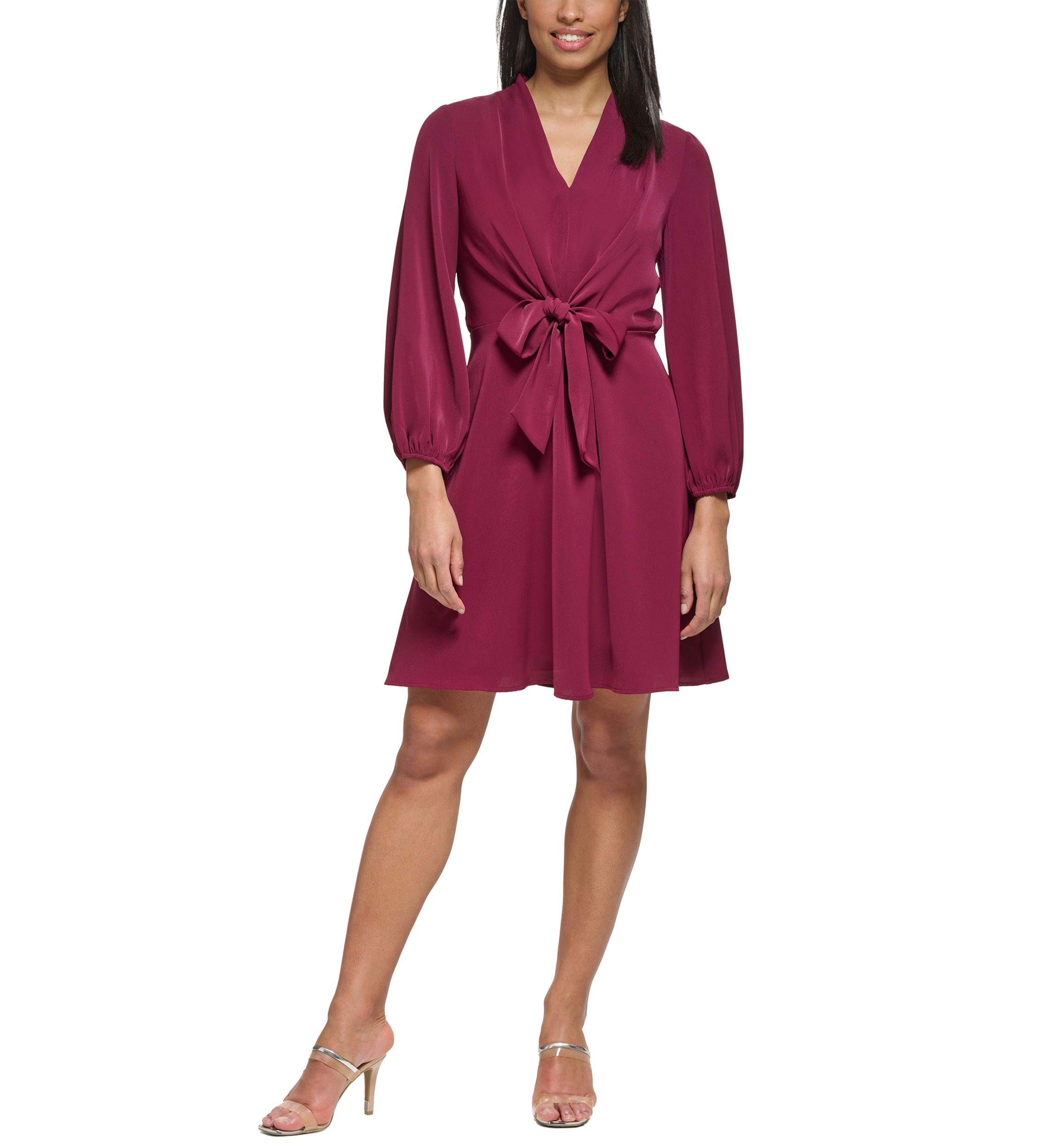 Womens Tie Waist Solid A-Line Dress