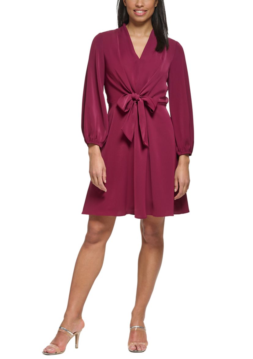 Womens Tie Waist Solid A-Line Dress