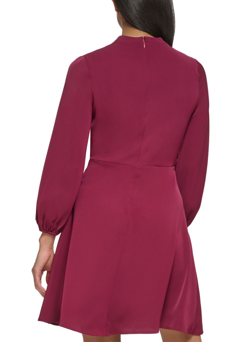 Womens Tie Waist Solid A-Line Dress