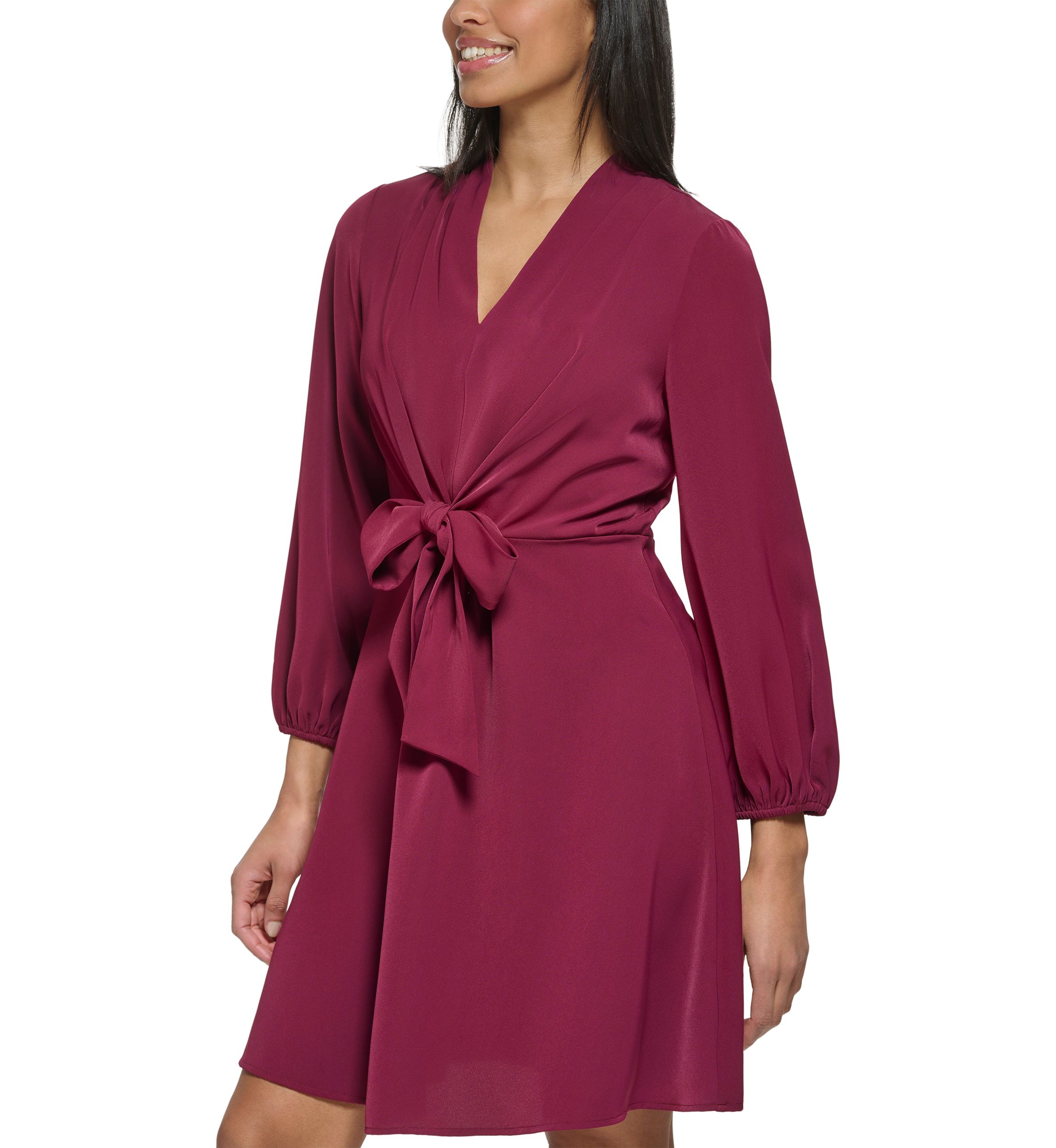 Womens Tie Waist Solid A-Line Dress