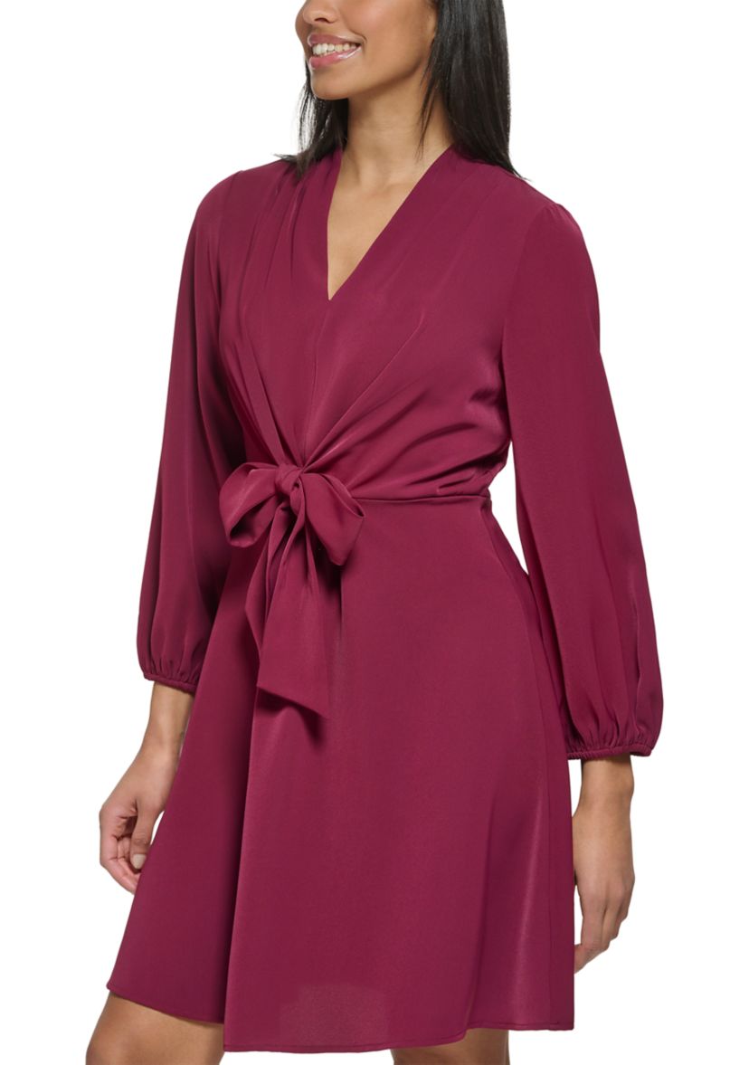 Womens Tie Waist Solid A-Line Dress