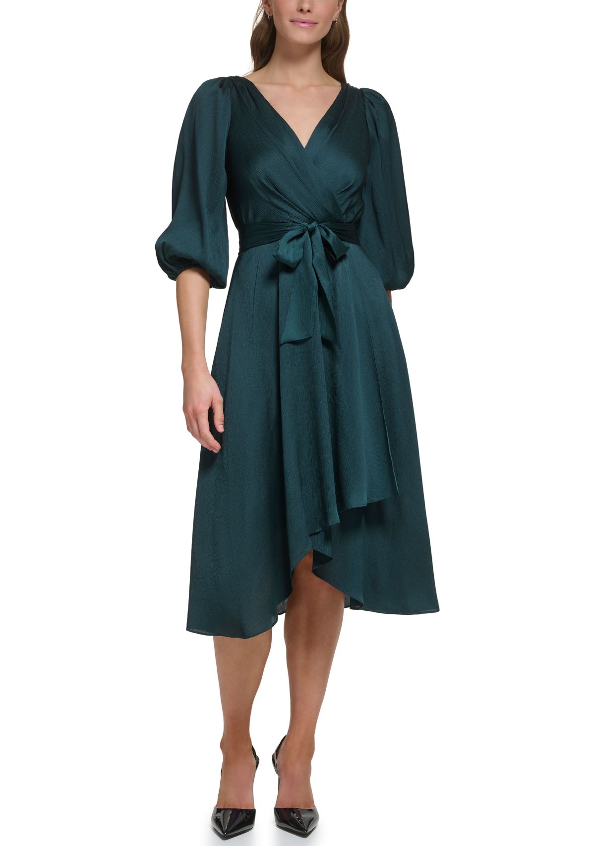 Womens Blouson Sleeve Wrap Fit and Flare Dress 