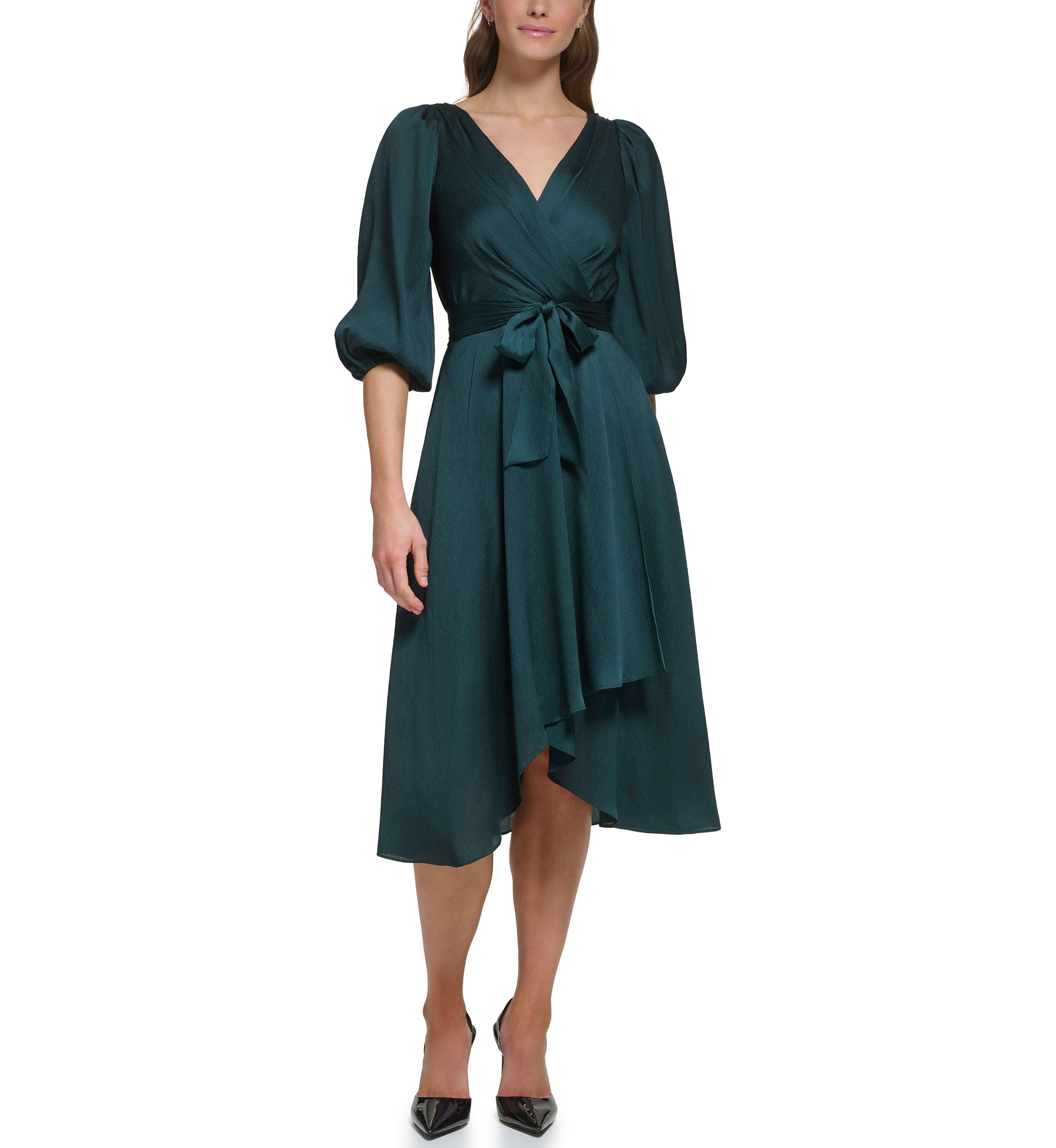 Womens Blouson Sleeve Wrap Fit and Flare Dress 