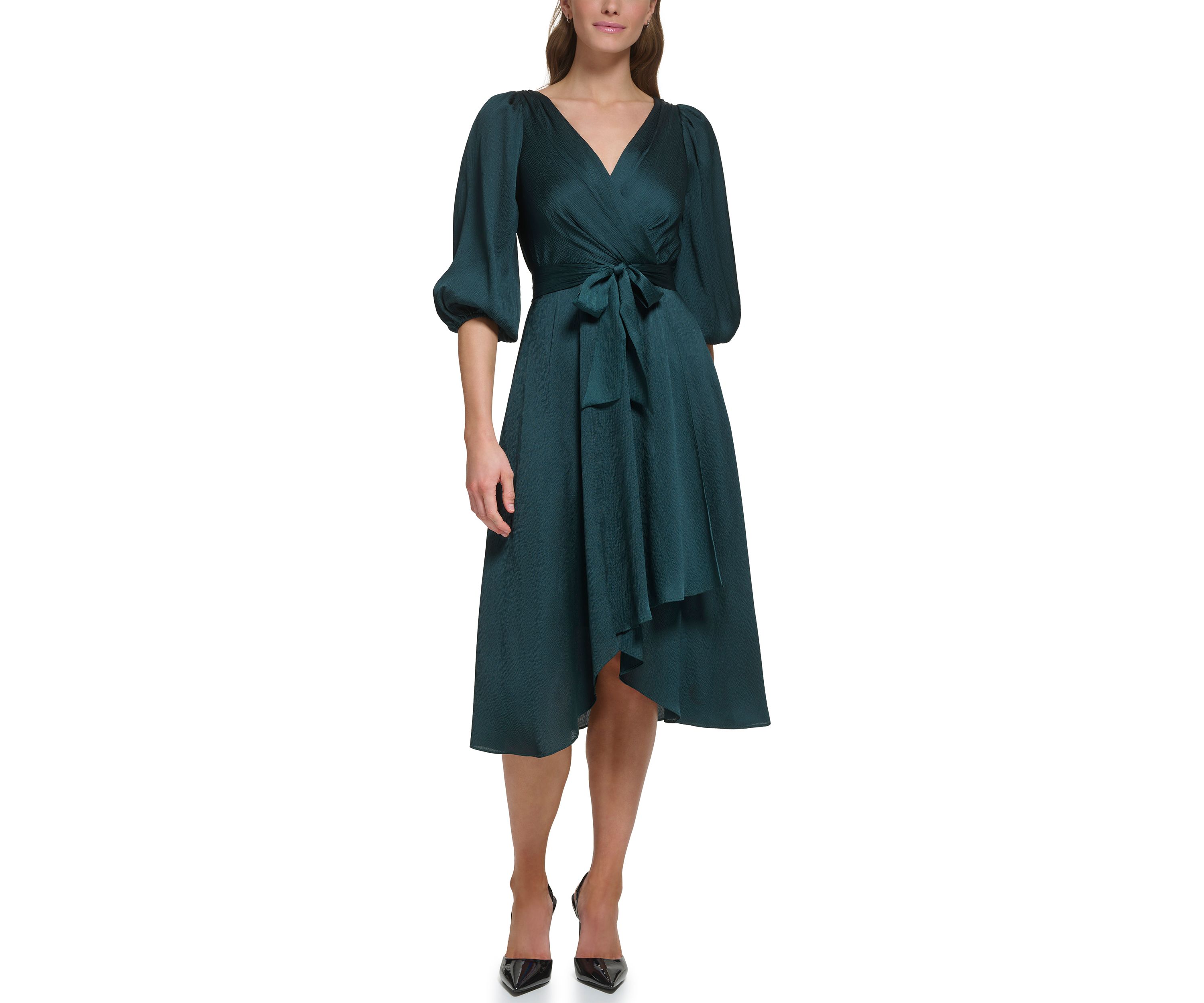 Womens Blouson Sleeve Wrap Fit and Flare Dress 