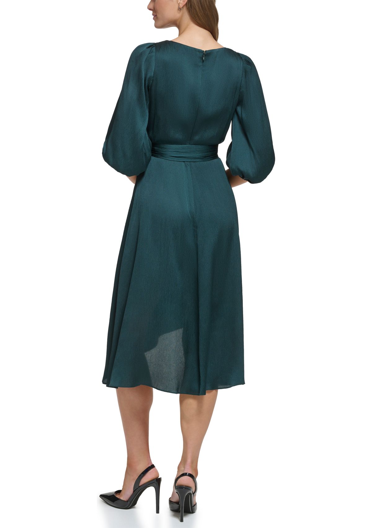 Womens Blouson Sleeve Wrap Fit and Flare Dress 
