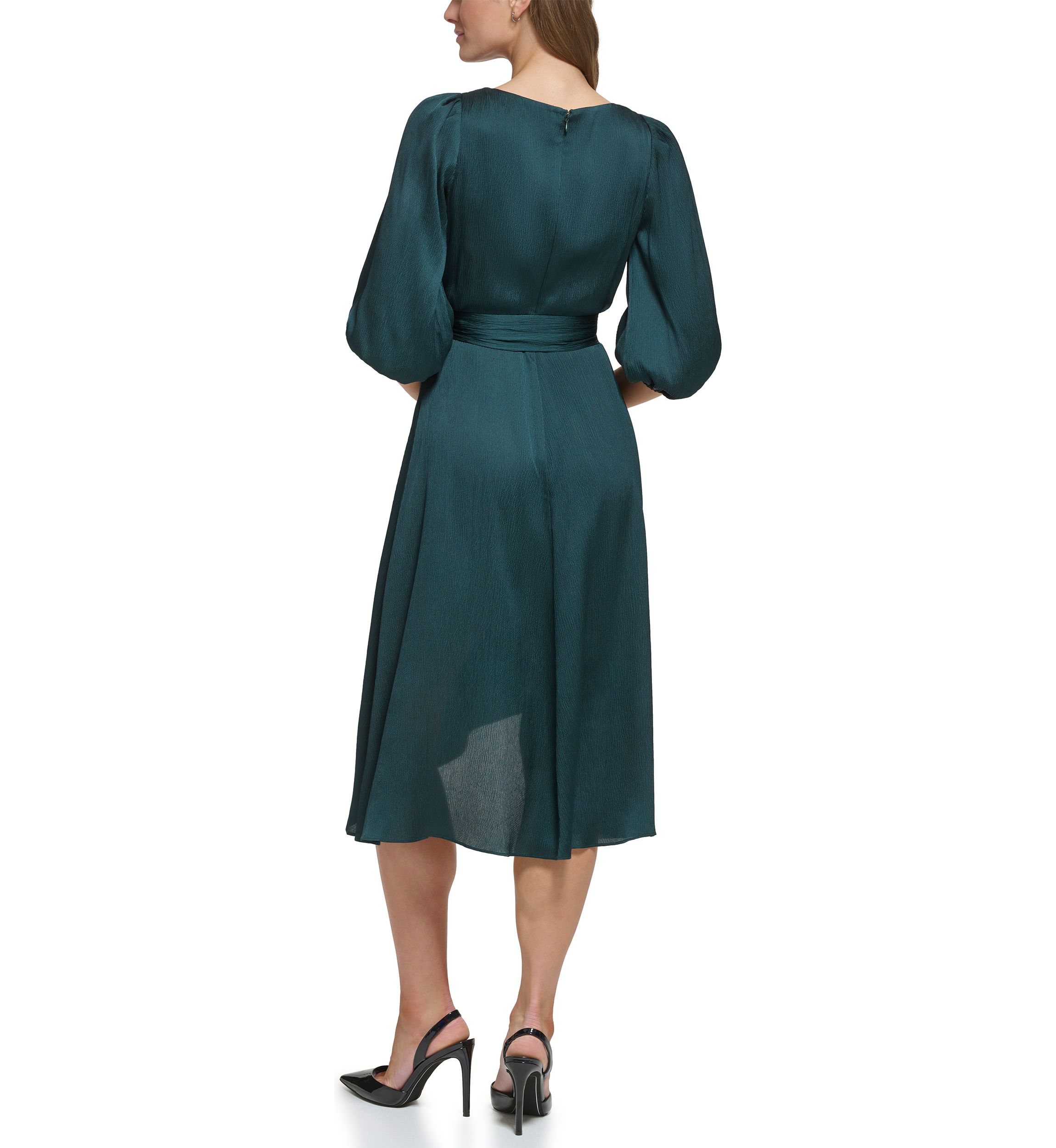 Womens Blouson Sleeve Wrap Fit and Flare Dress 