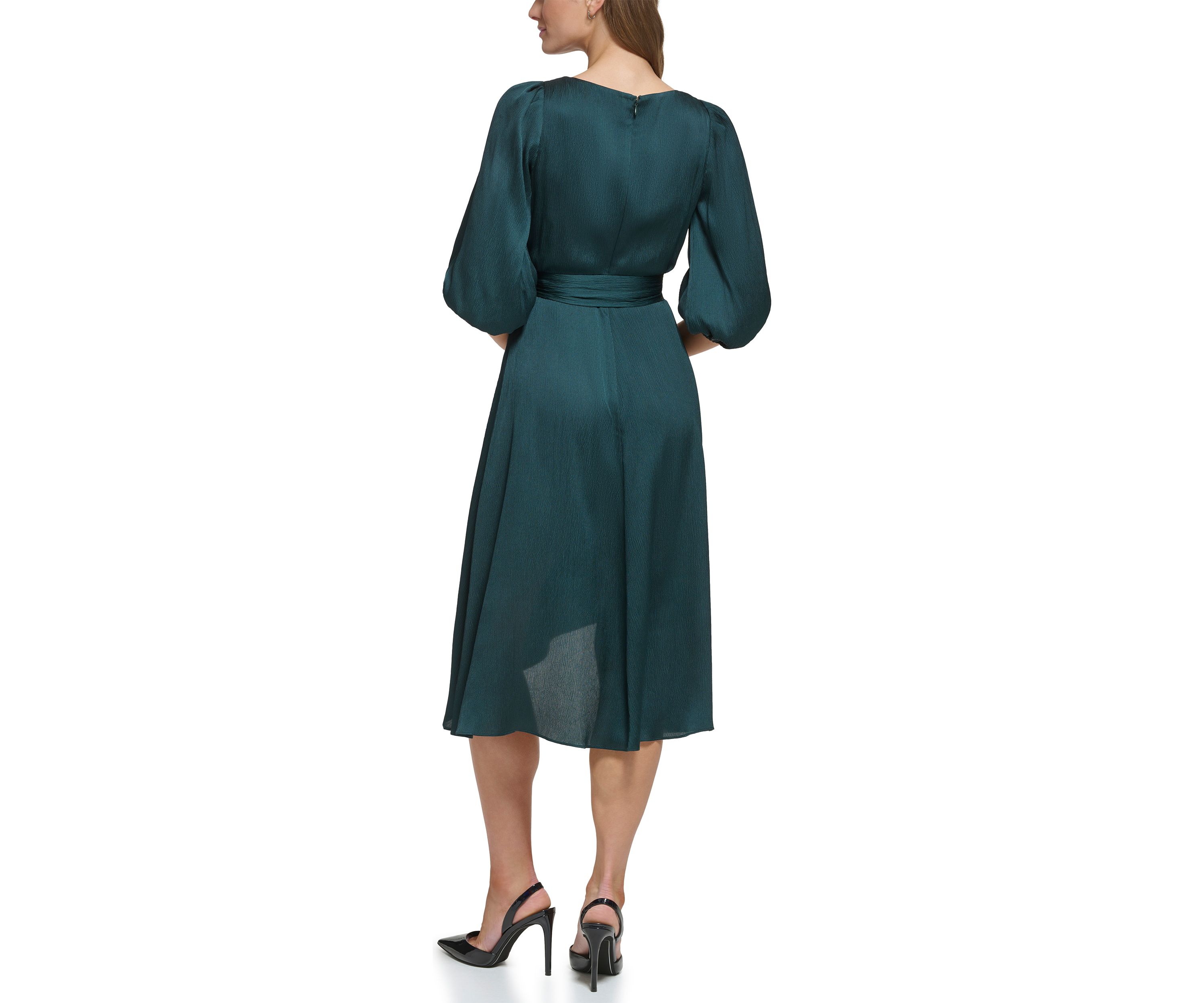 Womens Blouson Sleeve Wrap Fit and Flare Dress 
