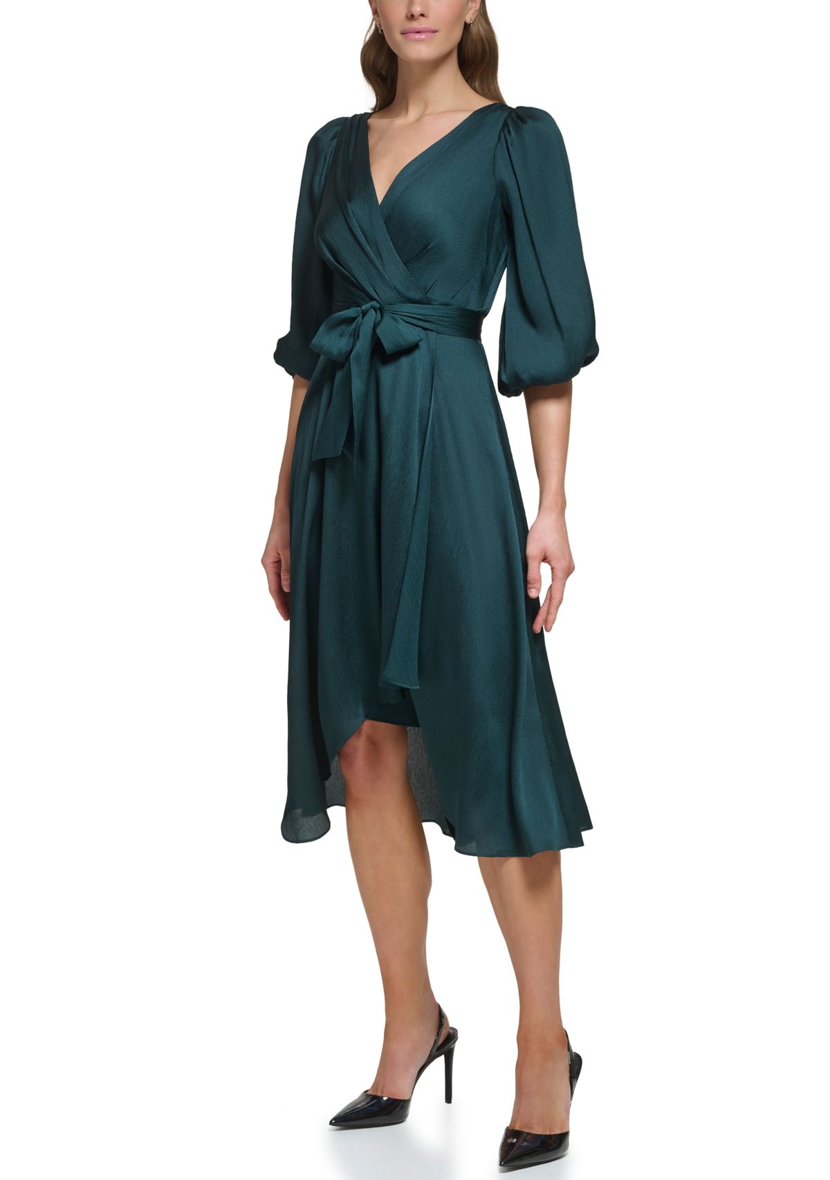 Womens Blouson Sleeve Wrap Fit and Flare Dress 