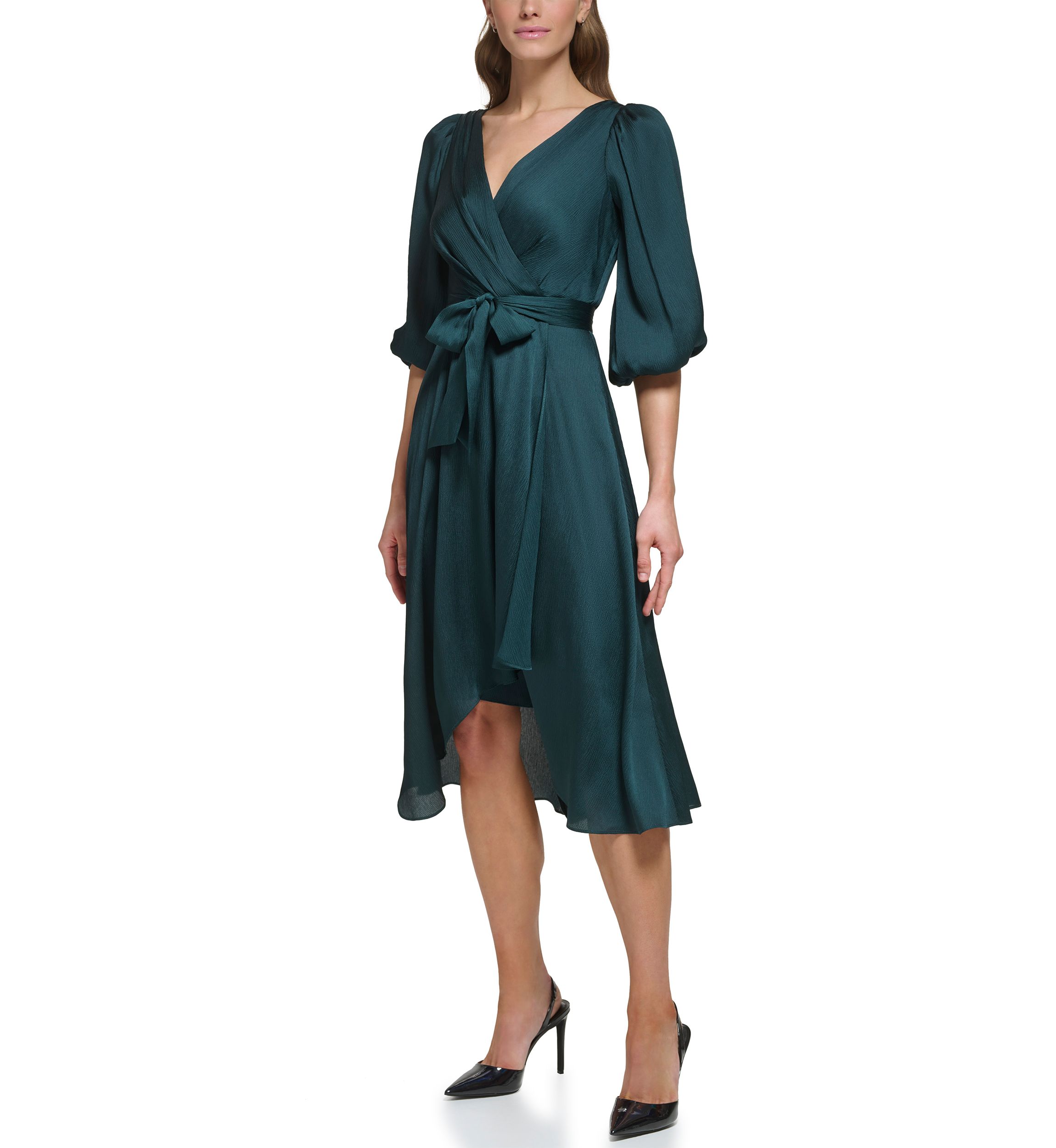 Womens Blouson Sleeve Wrap Fit and Flare Dress 