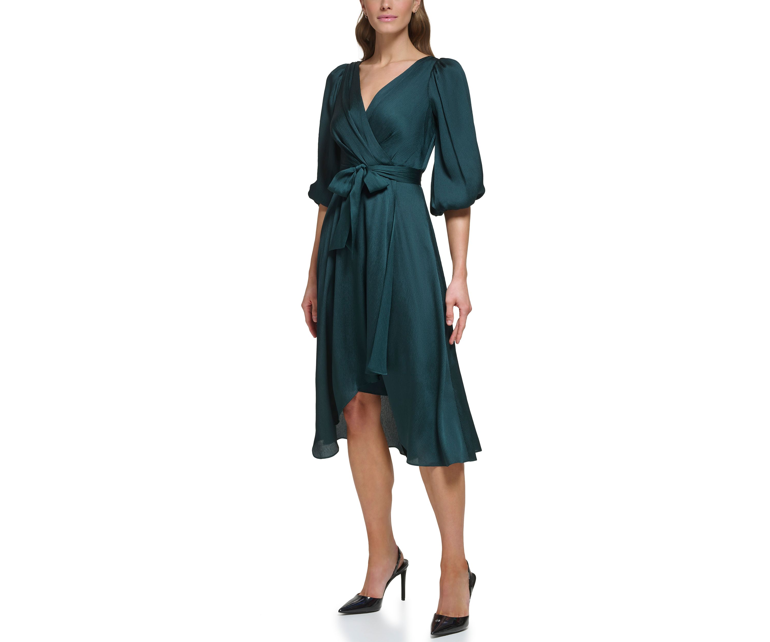 Womens Blouson Sleeve Wrap Fit and Flare Dress 