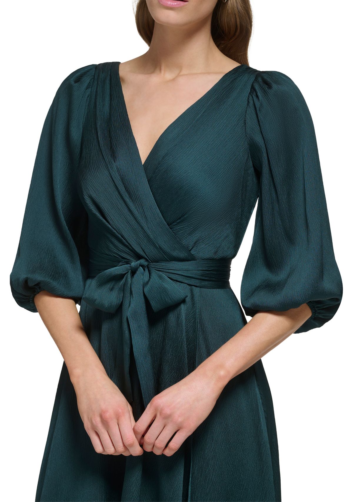 Womens Blouson Sleeve Wrap Fit and Flare Dress 