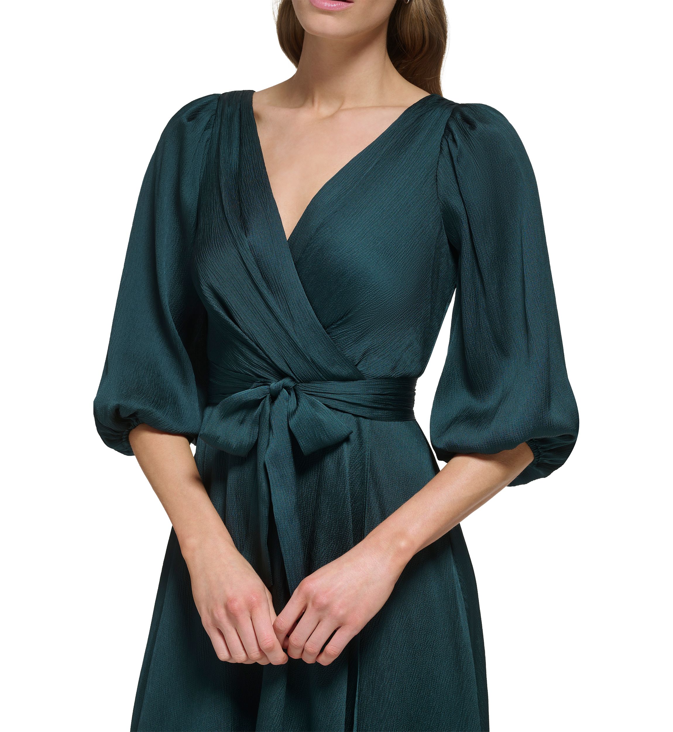 Womens Blouson Sleeve Wrap Fit and Flare Dress 