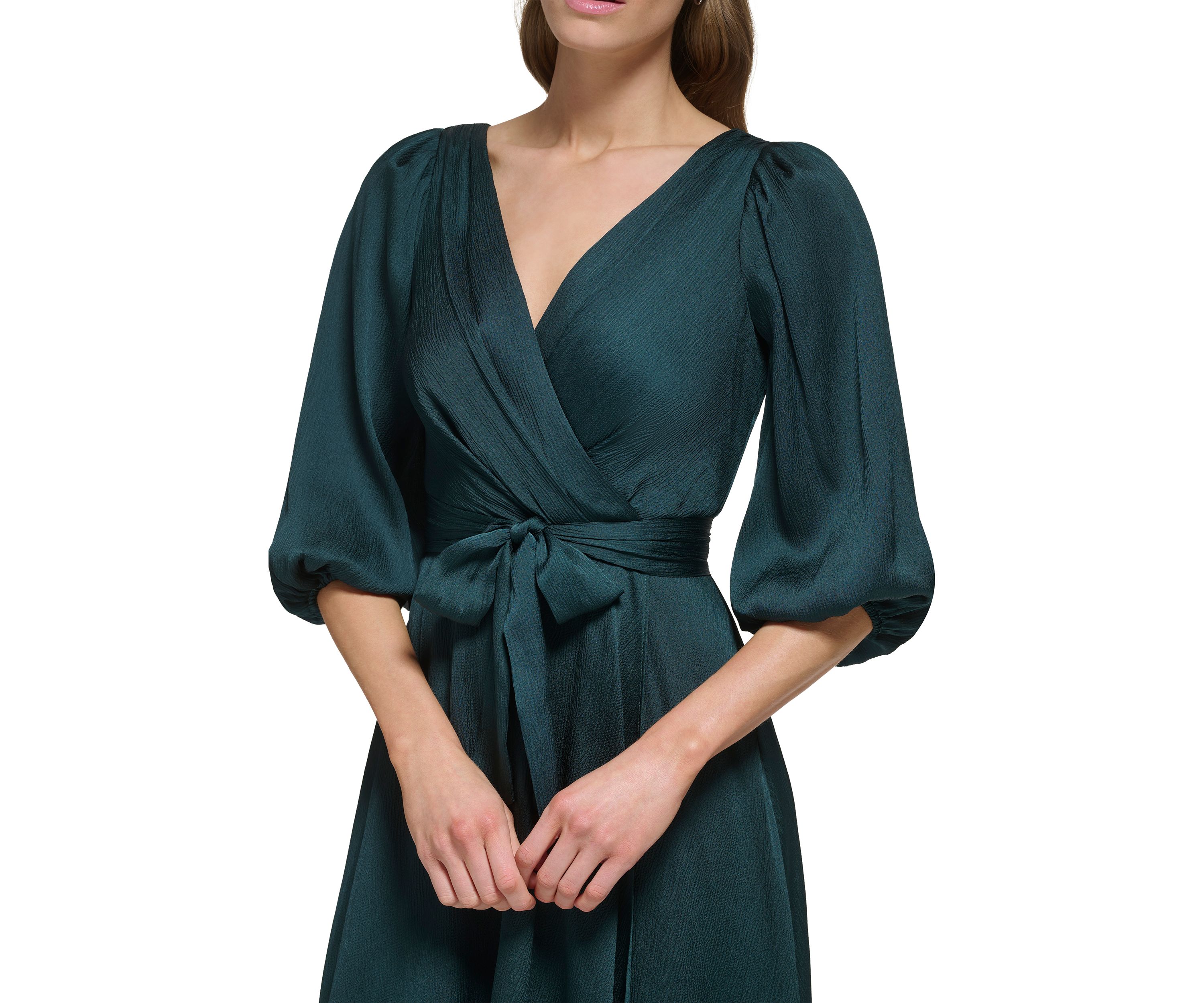 Womens Blouson Sleeve Wrap Fit and Flare Dress 