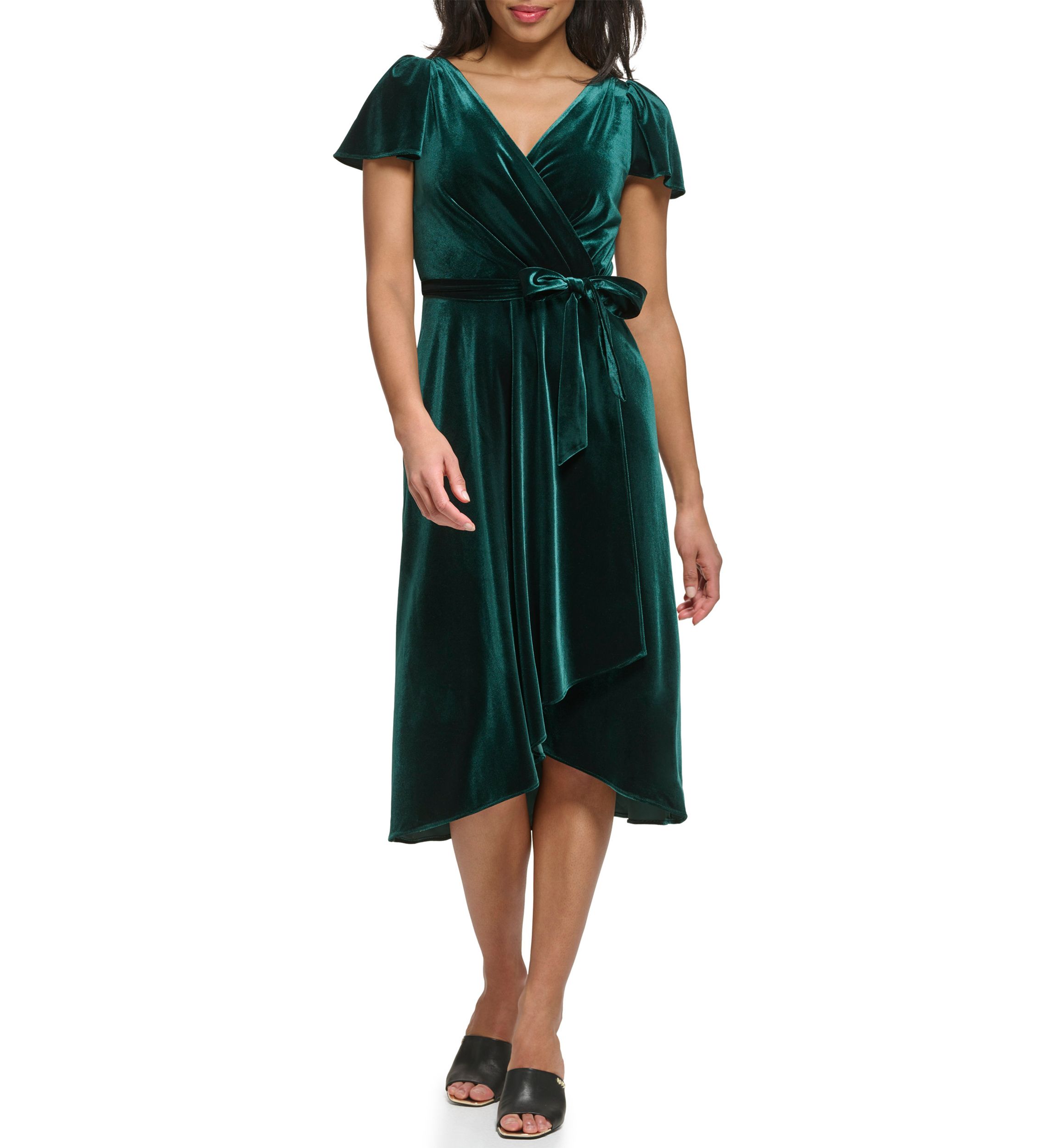 Womens Flutter Sleeve Tie Waist Velvet Fit and Flare Dress