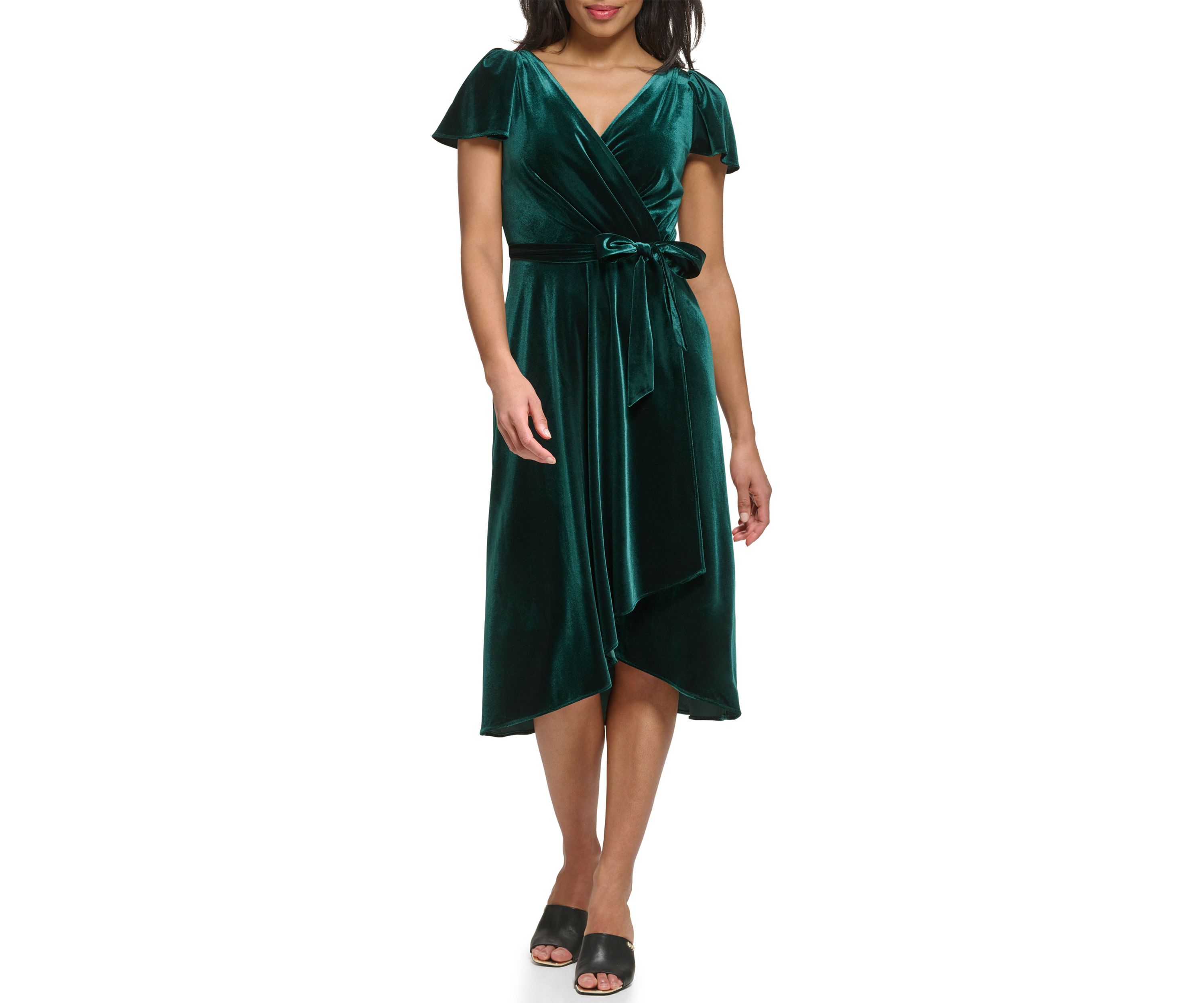 Womens Flutter Sleeve Tie Waist Velvet Fit and Flare Dress