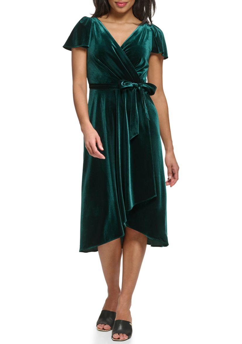 Womens Flutter Sleeve Tie Waist Velvet Fit and Flare Dress