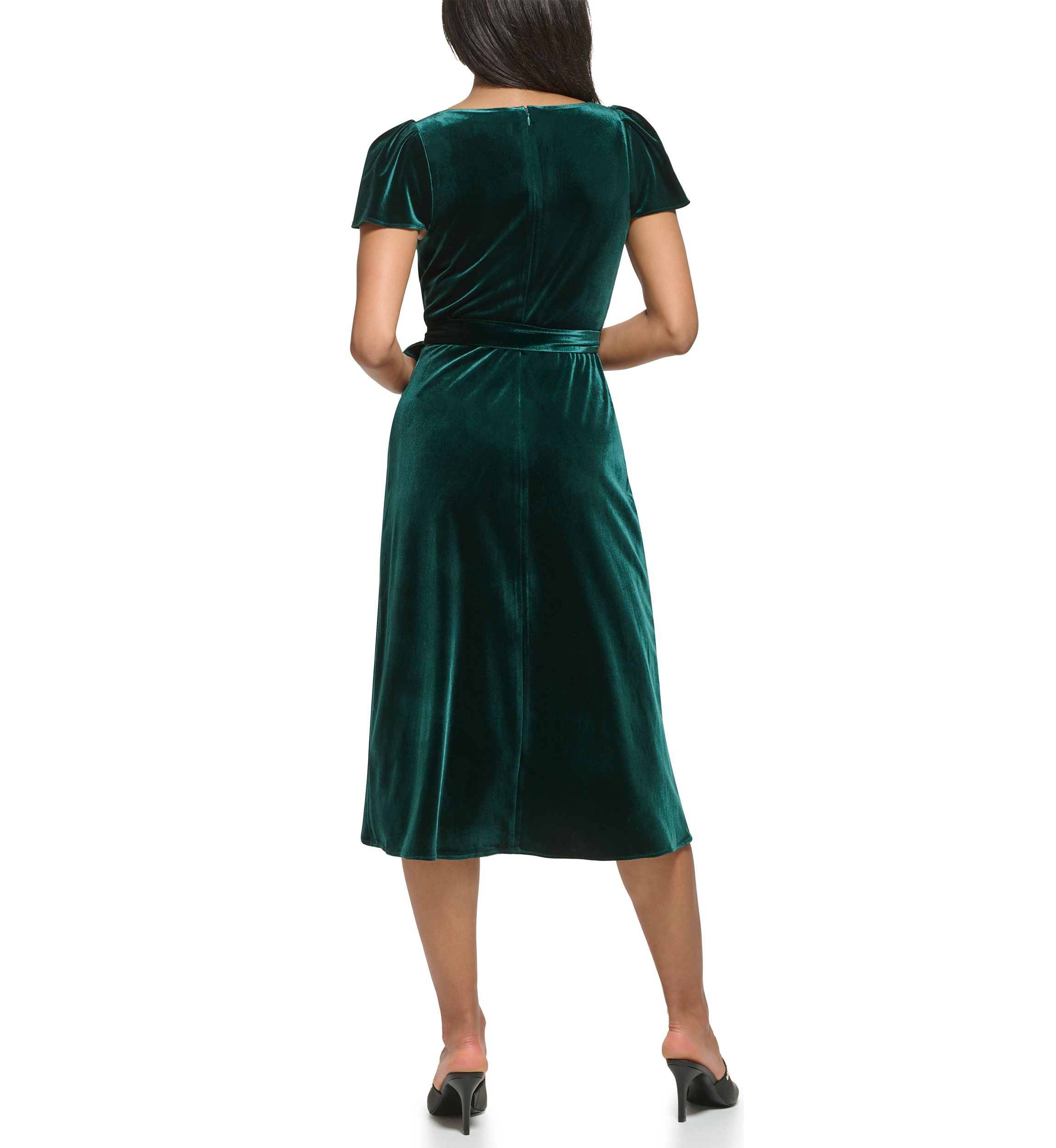 Womens Flutter Sleeve Tie Waist Velvet Fit and Flare Dress